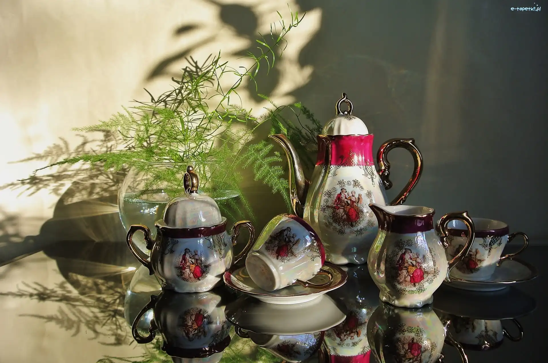 Filiżanki, Porcelana, Dzbanek, Odbicie, Cienie
