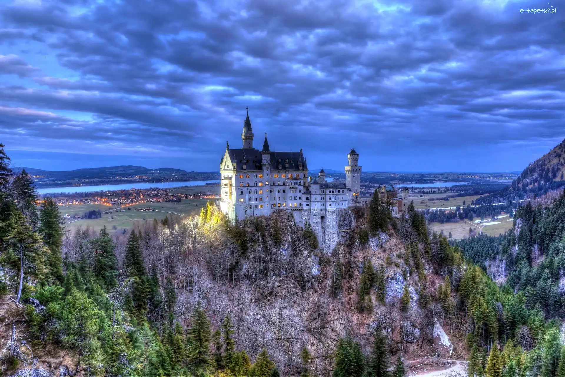 Neuschwanstein, Niemcy, Panorama, Zamek