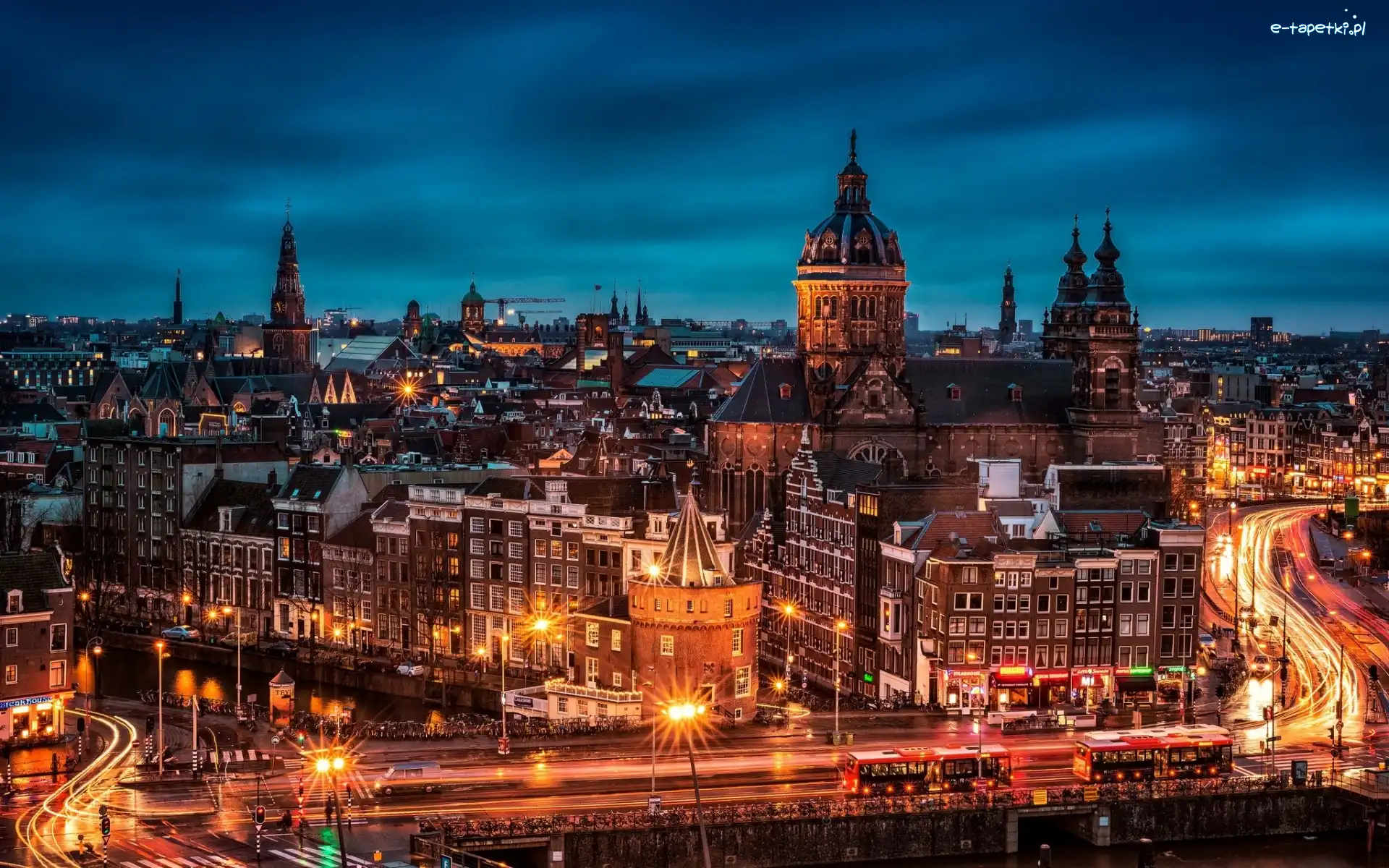 Miasta, Ulice, Noc, Kościoły, Domy, Panorama, Amsterdam