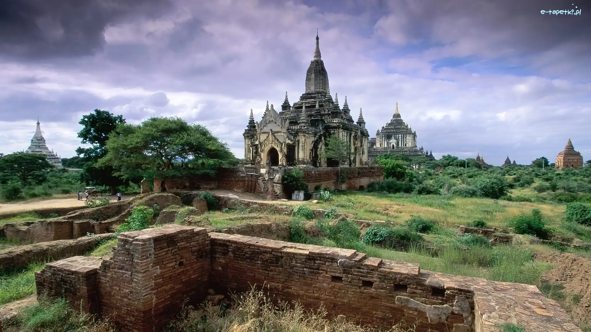 Myanmar, Ruiny, Pagody, Trawa, Drzewa
