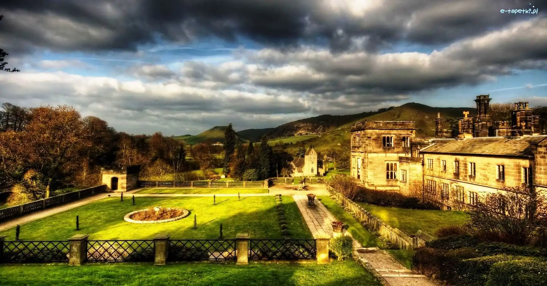 Dom, Chmury, Ogród, Anglia, Ilam Hall