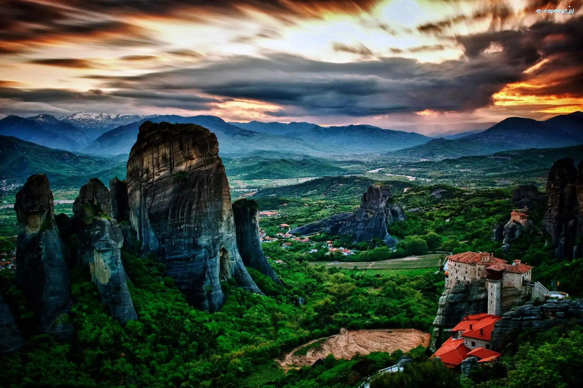 Zachód, Skały, Słońca, Meteora, Klasztor