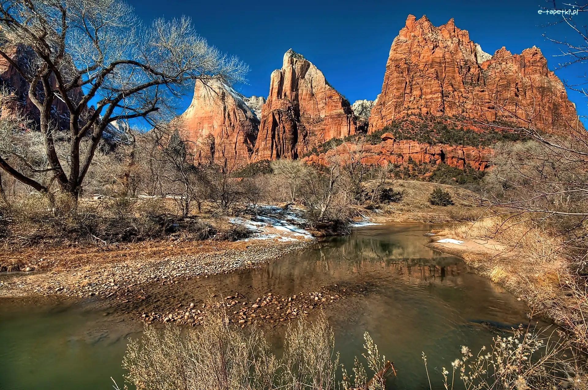 Rzeka Virgin River, Park Narodowy Zion, Góry, Stan Utah, Stany Zjednoczone, Court of the Patriarchs, Skały