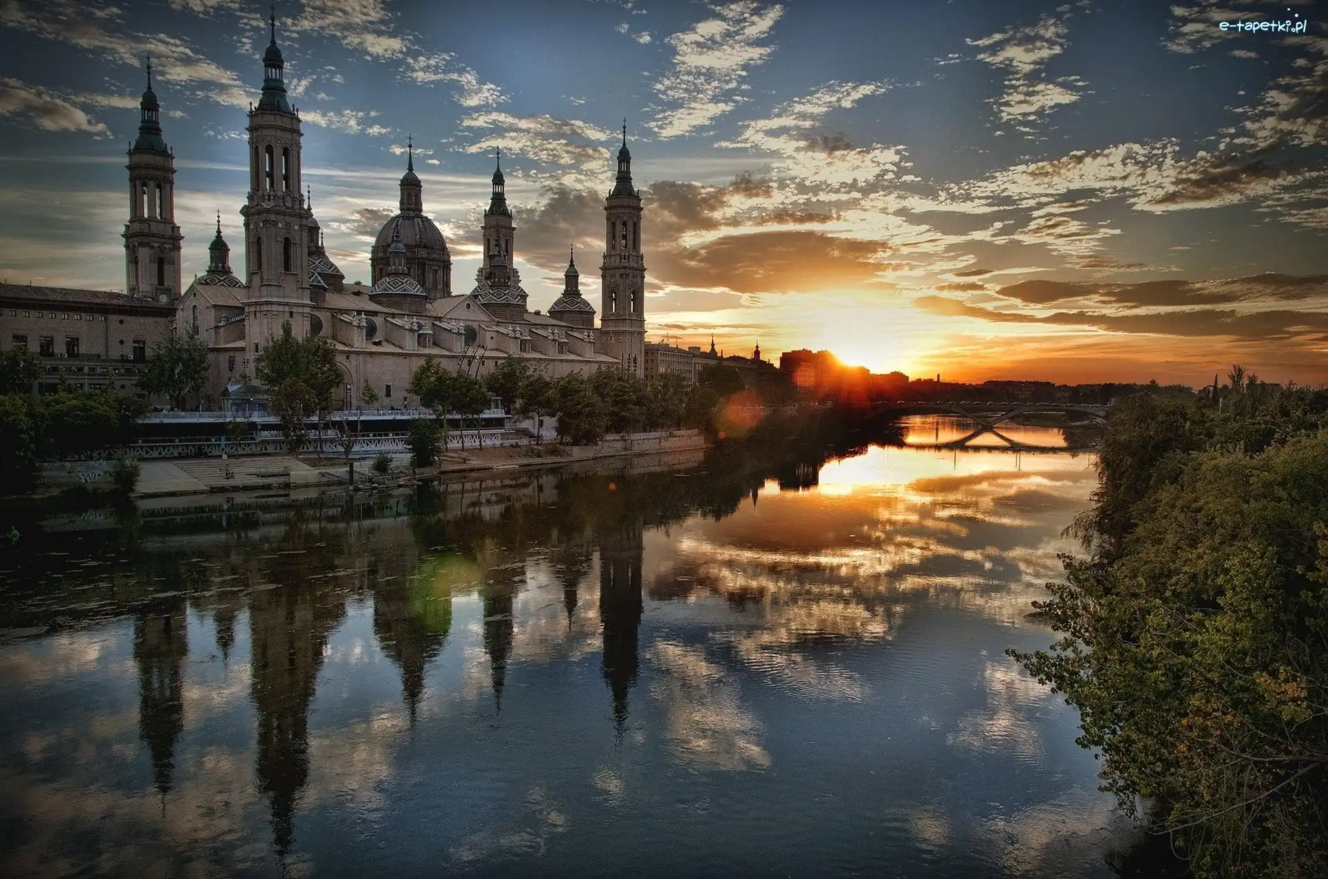 Hiszpania, Kościół, Saragossa, Zachód Słońca, Rzeka