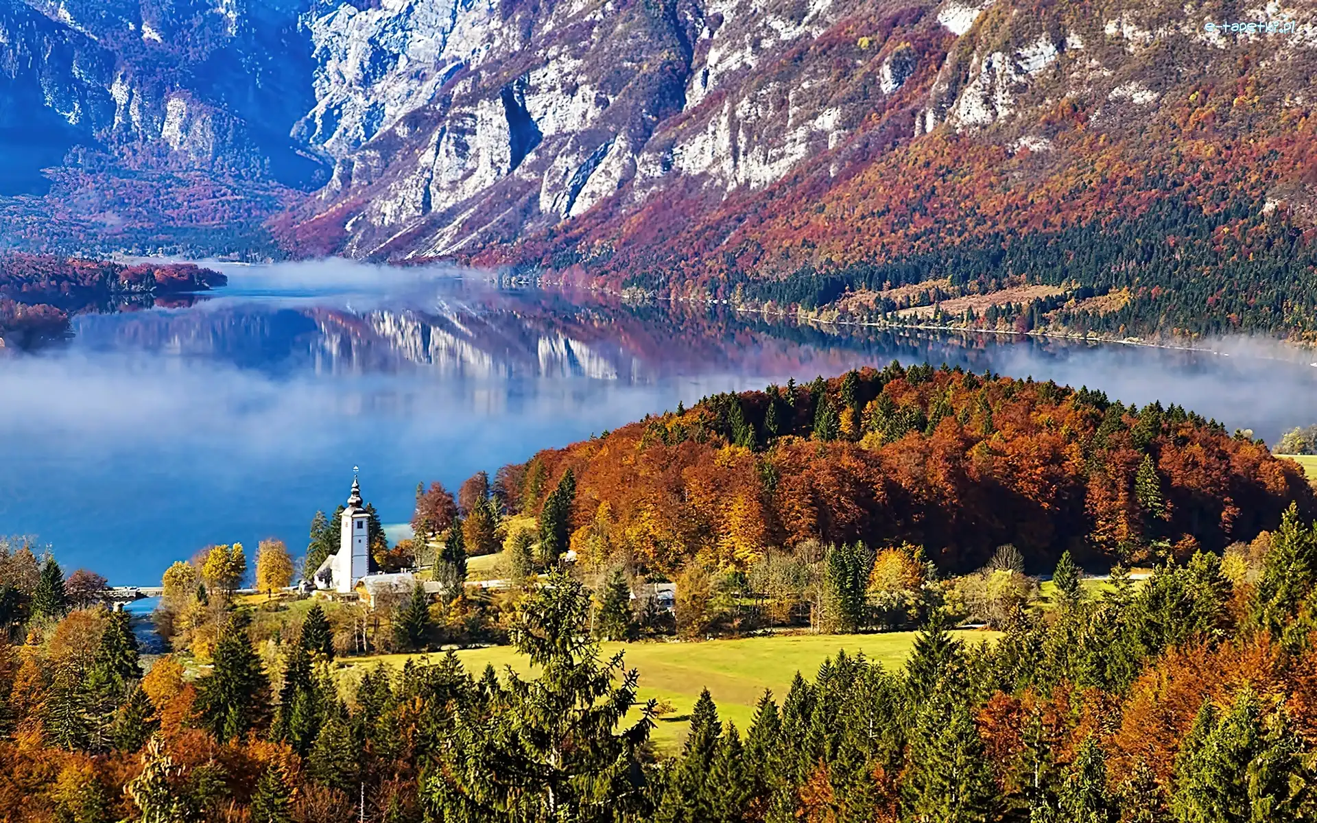 Kościół, Bohinj, Las, Jesień, Jezioro, Góry