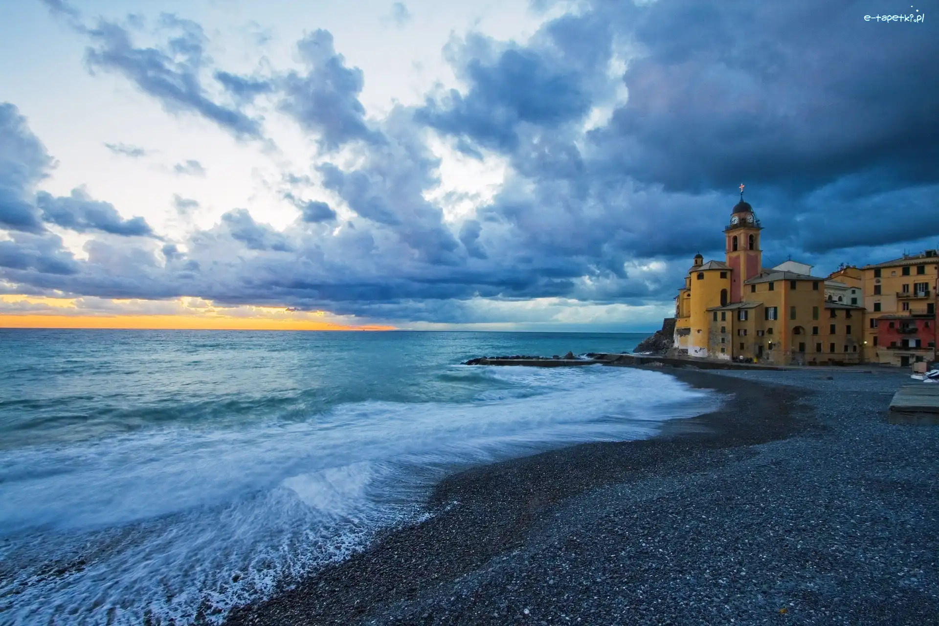 Liguria, Chmury, Camogli, Włochy, Morze, Kościół