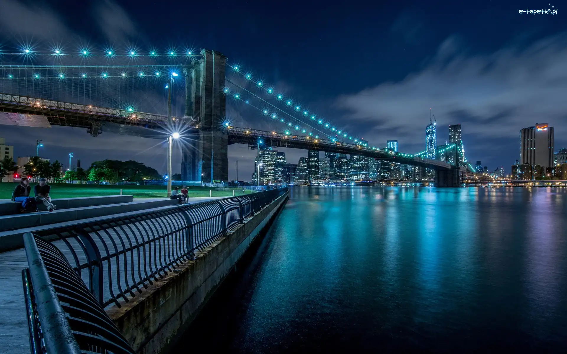 Noc, Wieżowce, Brooklyn, Nowy Jork, Most, Oświetlony