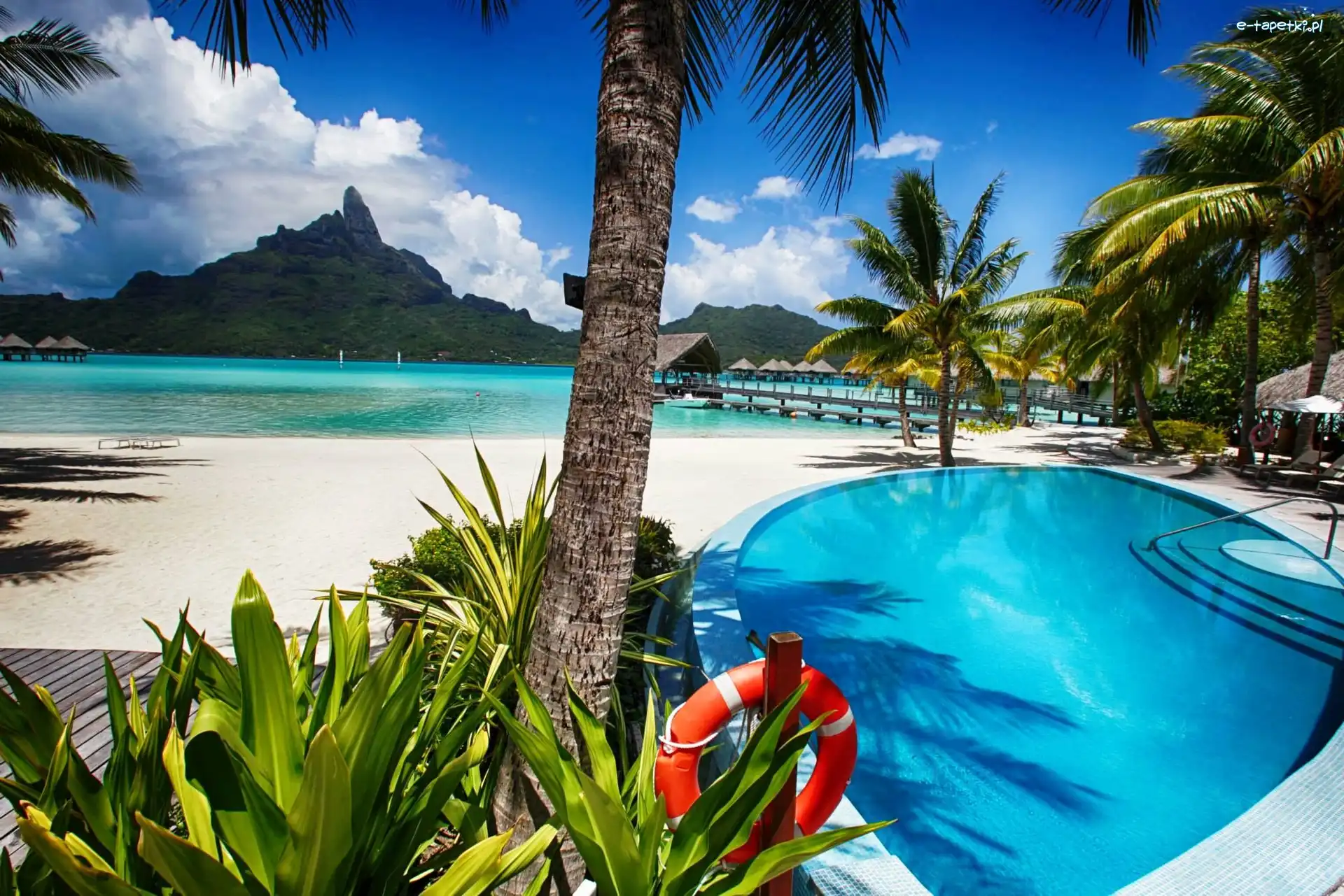 Palmy, Morze, Basen, Bora Bora, Góry, Domki