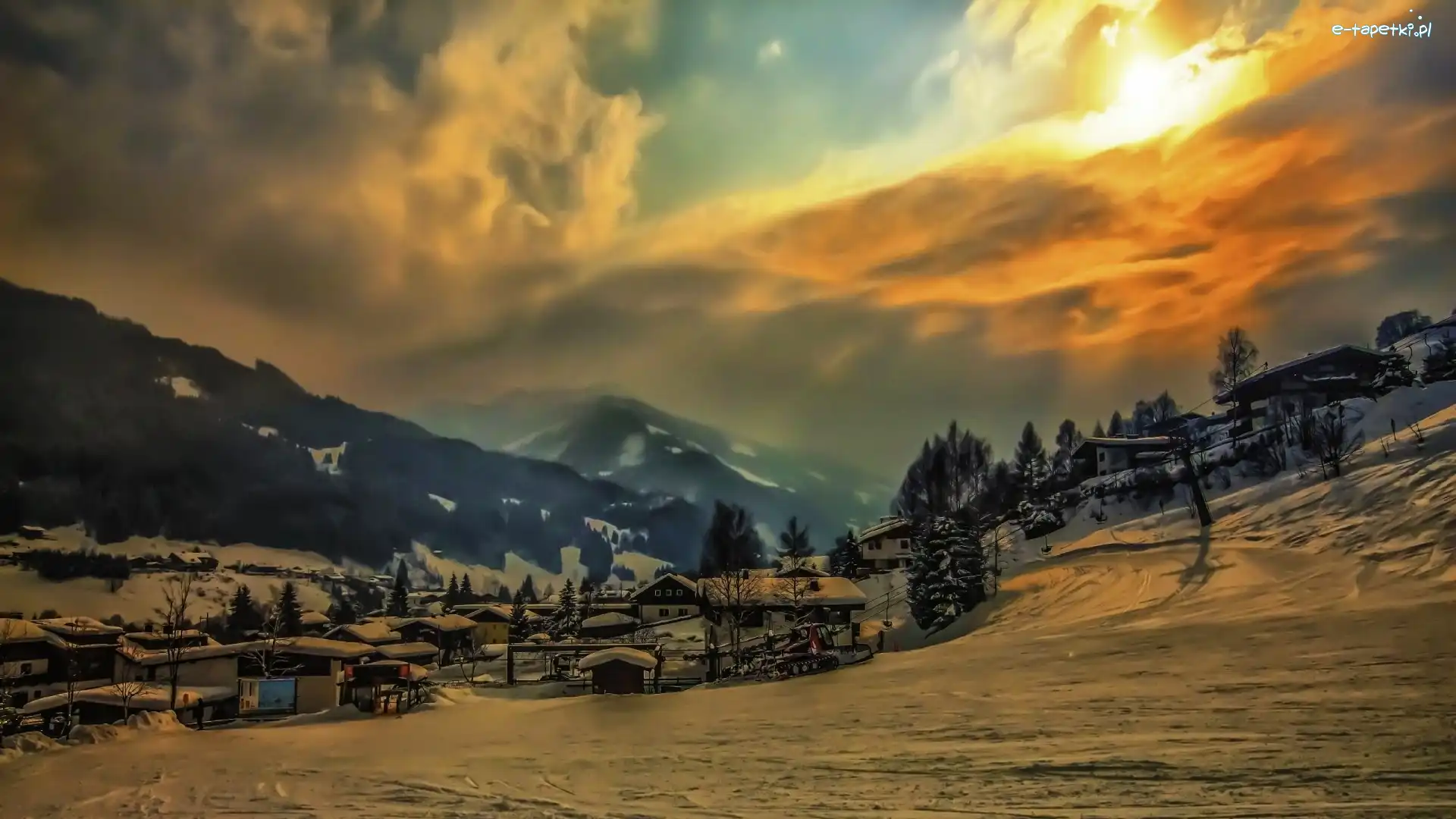 Miasteczko, Chmury, Góry, Austria, Zima
