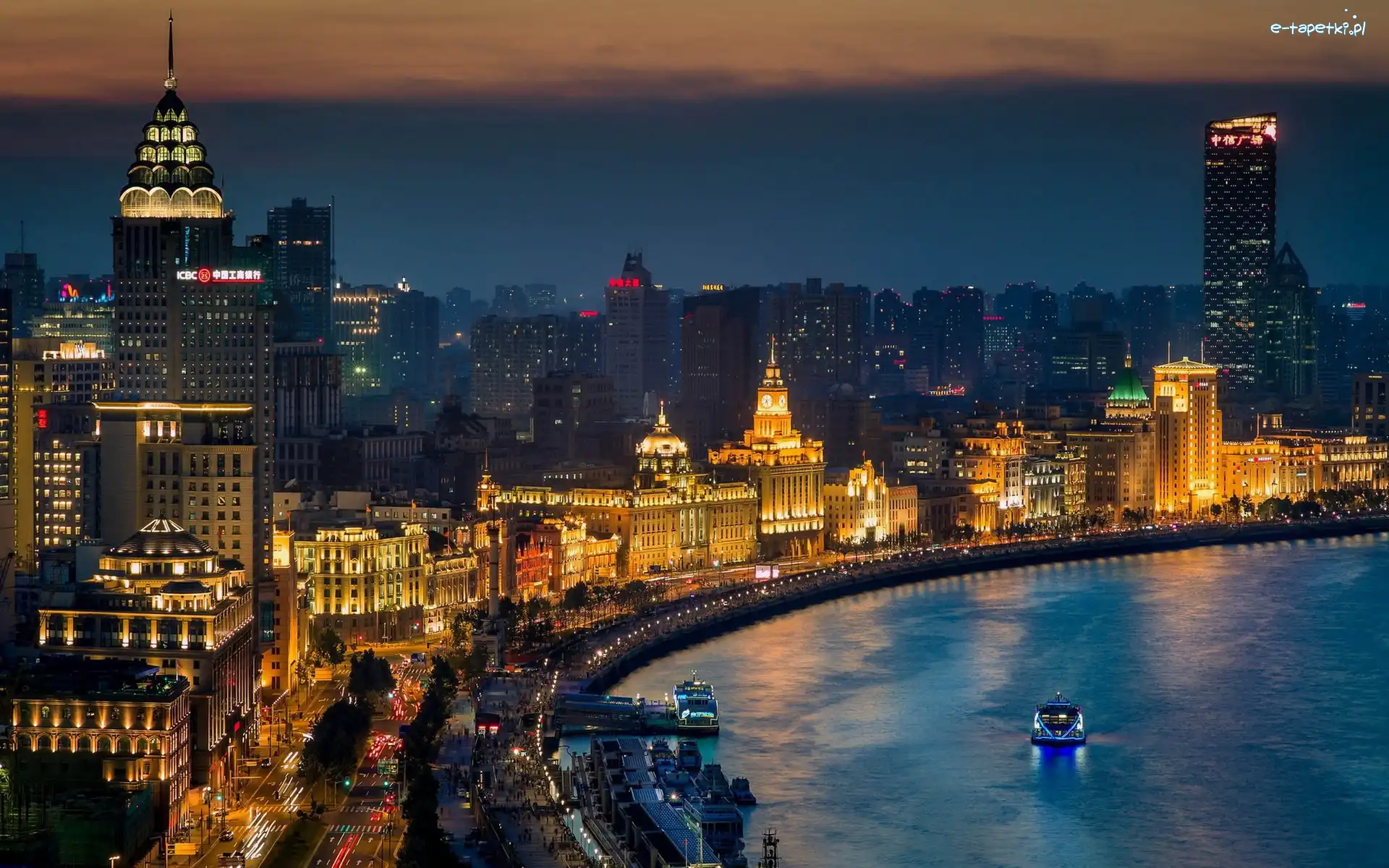 Chiny, Miasto, Szanghaj, Morze, Noc