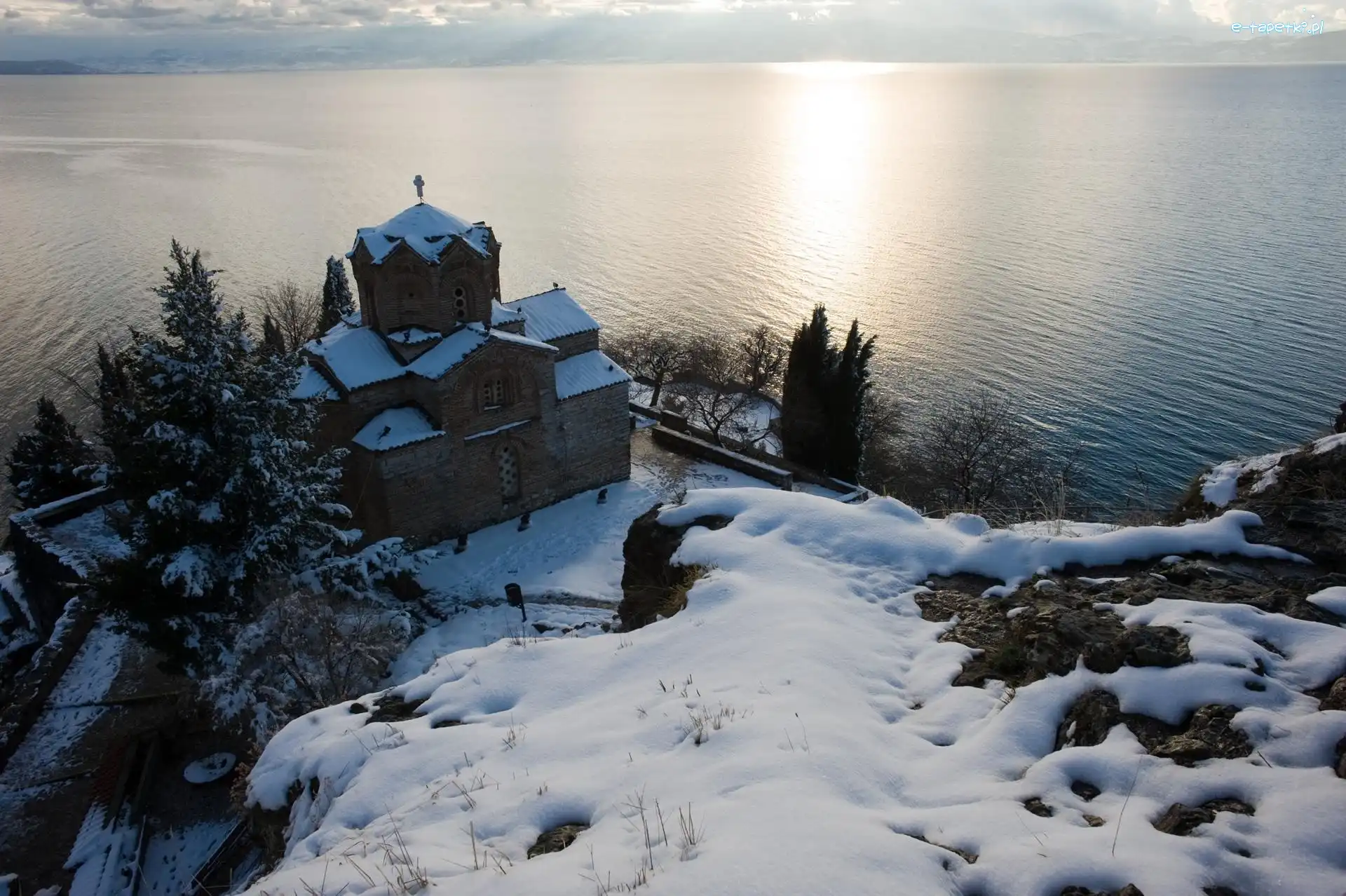 Kościół, Zima, Jezioro, Macedonia