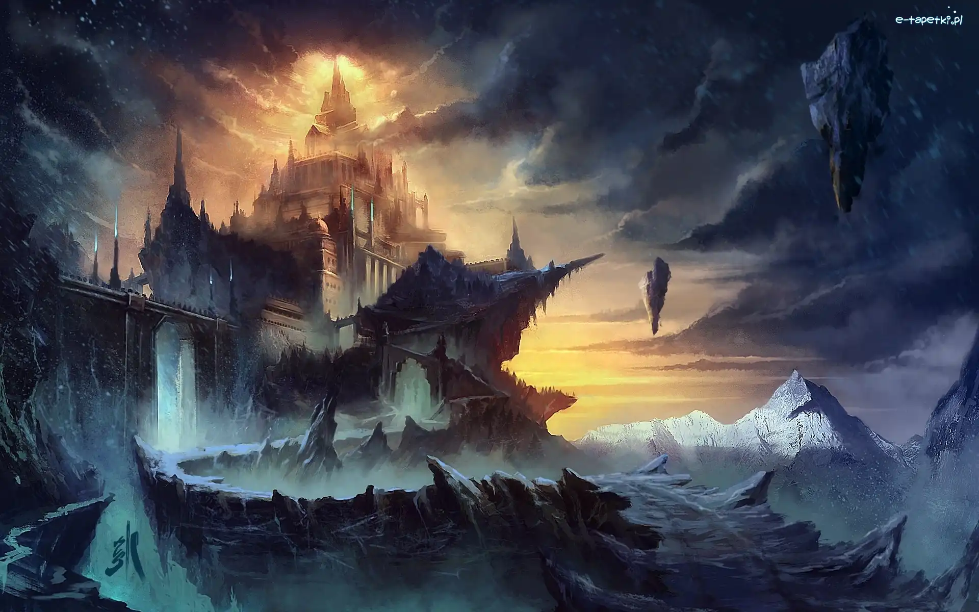 Fantasy, Chmury, Zamek, Światła, Blask