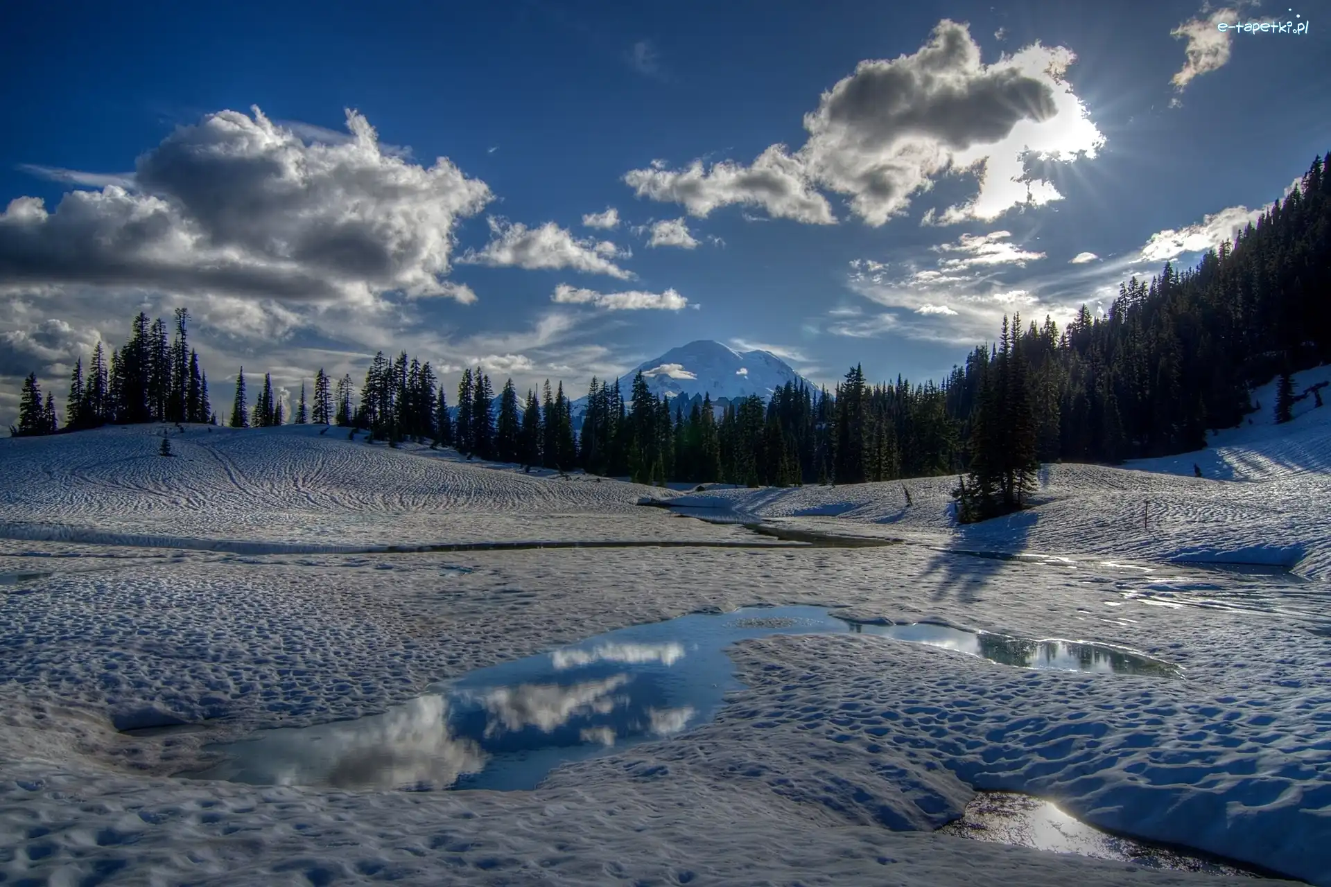 Promienie Słońca, Park Narodowy Mount Rainier, Zima, Stan Waszyngton, Stany Zjednoczone, Las, Jezioro Tipsoo