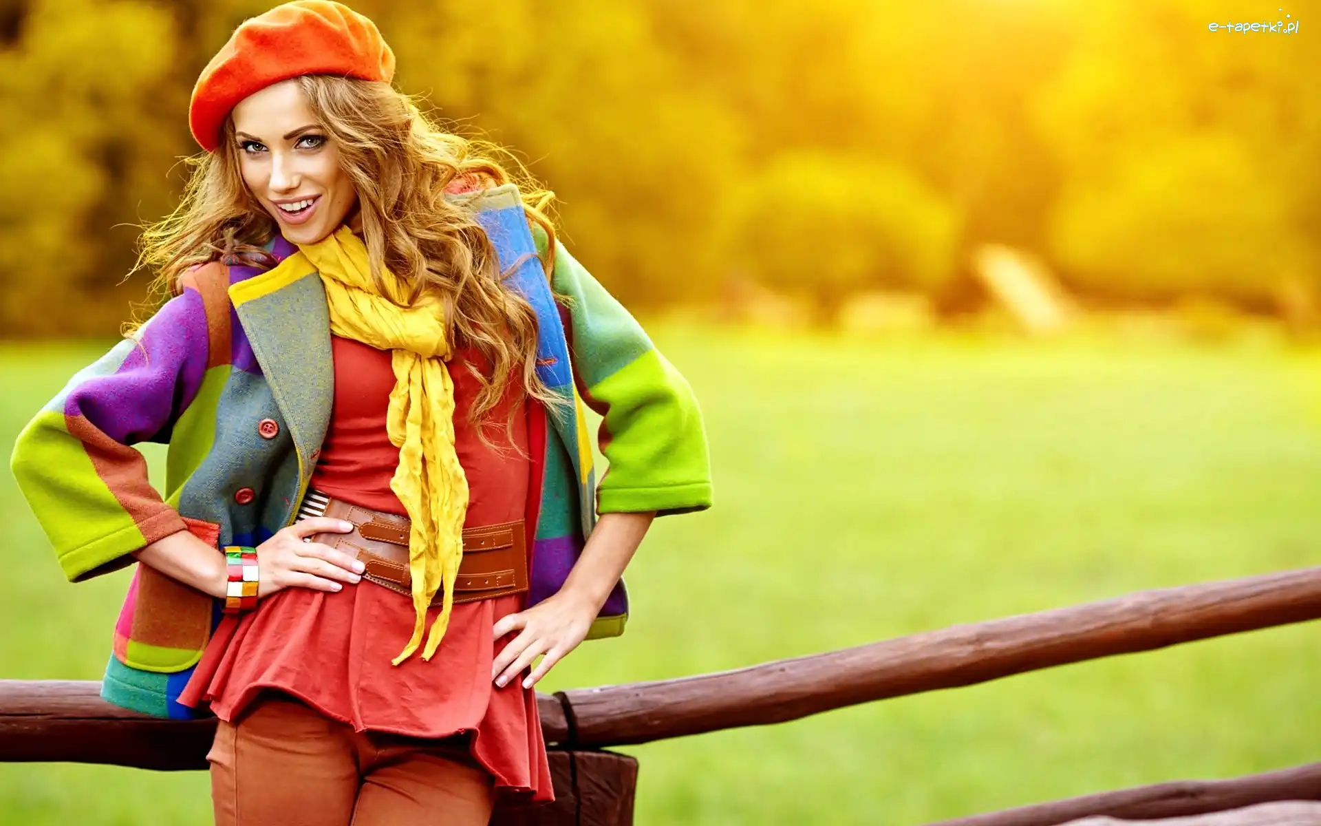 Rozmycie, Kolorowa, Kurtka, Modelka, Kobieta, Łąka, Beret