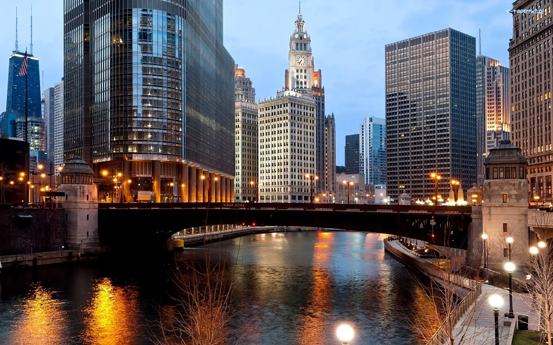 Wieżowce, Rzeka, Most, USA, Chicago
