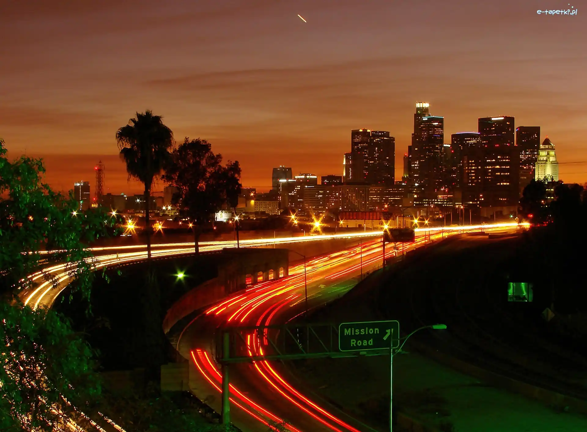 Drzewa, Miasta, Nocą, Panorama, Los Angeles, Komunikacyjne, Arterie