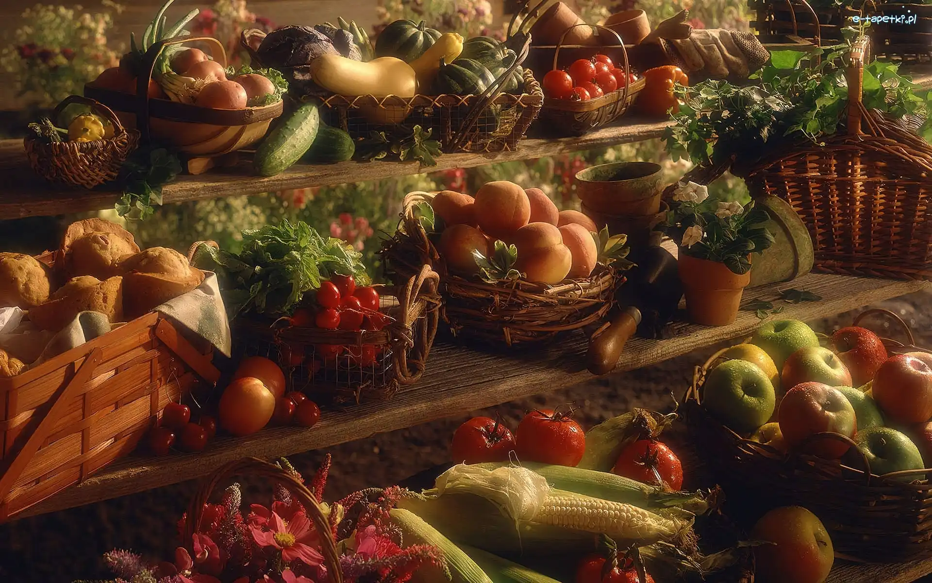 Ogórki, Jabłka, Stragan, Cukinie, Pomidory, Rzodkiewki, Kukurydza, Brzoskwinie