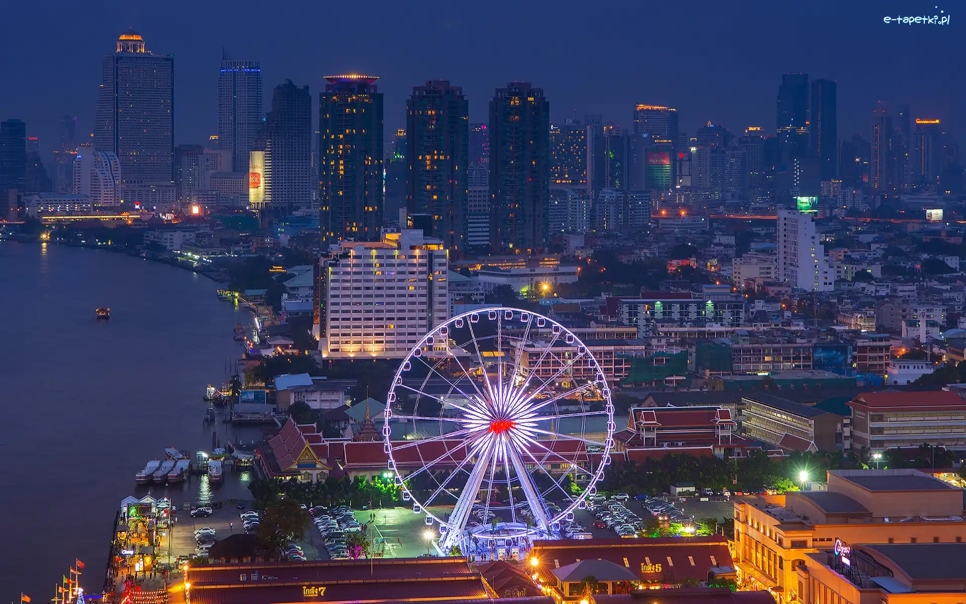 Noc, Chmur, Tajlandia, Miasta, Rzeka, Łodzie, Panorama, Drapacze, Wieżowce, Bangkok