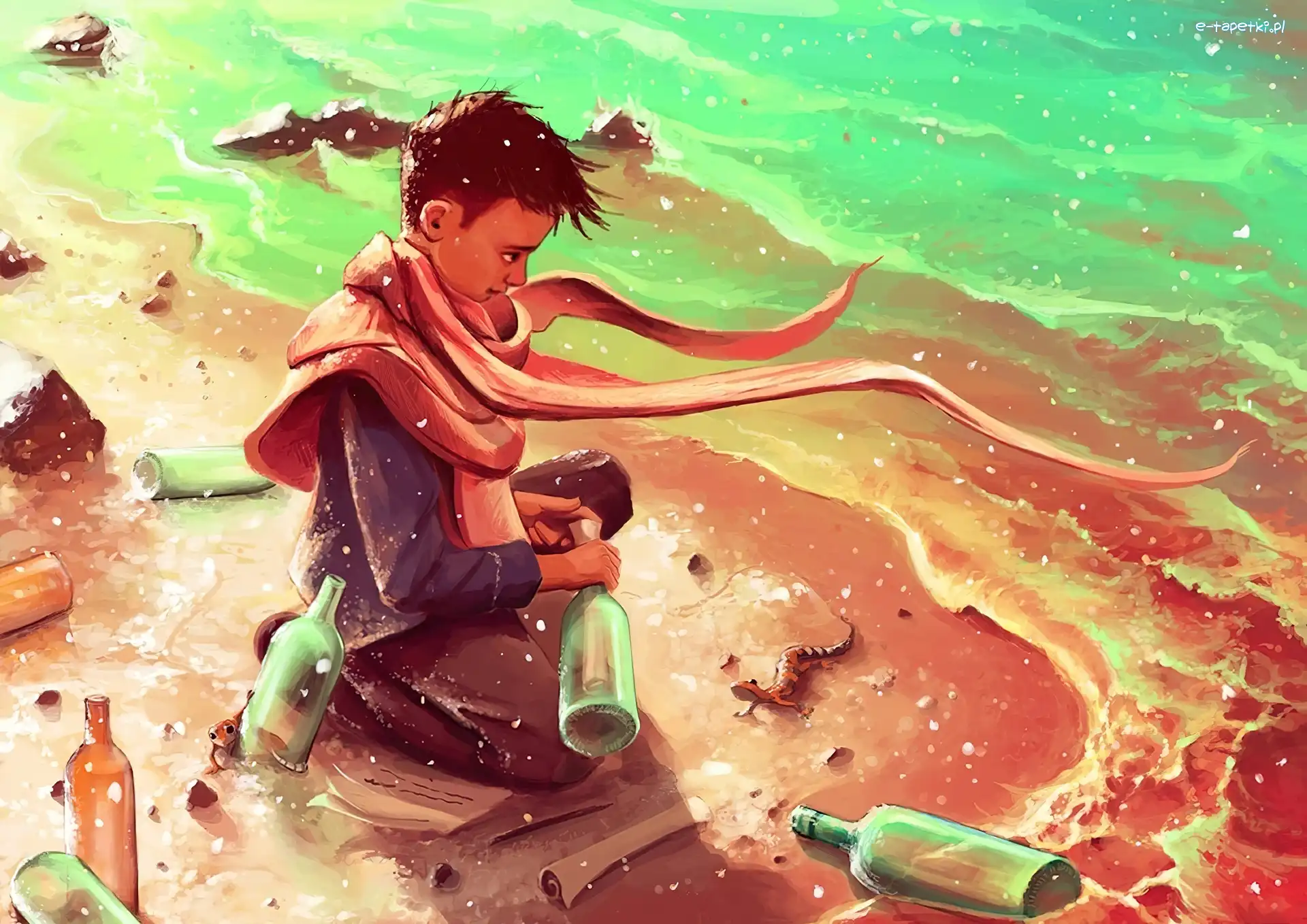 Chłopiec, Butelki, Morze, Cyril Rolando