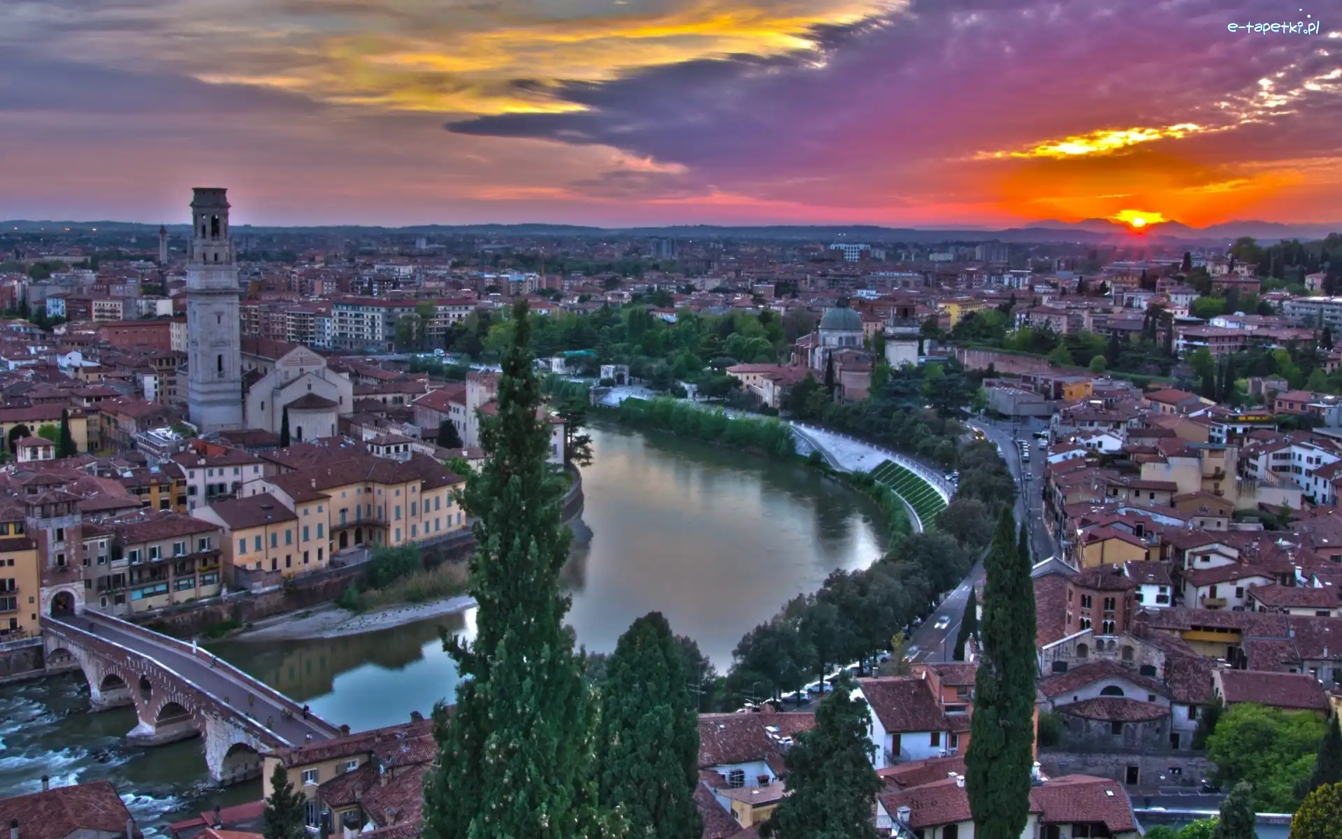 Słońca, Rzeka, Włochy, Miasta, Zachód, Verona, Panorama, Domy