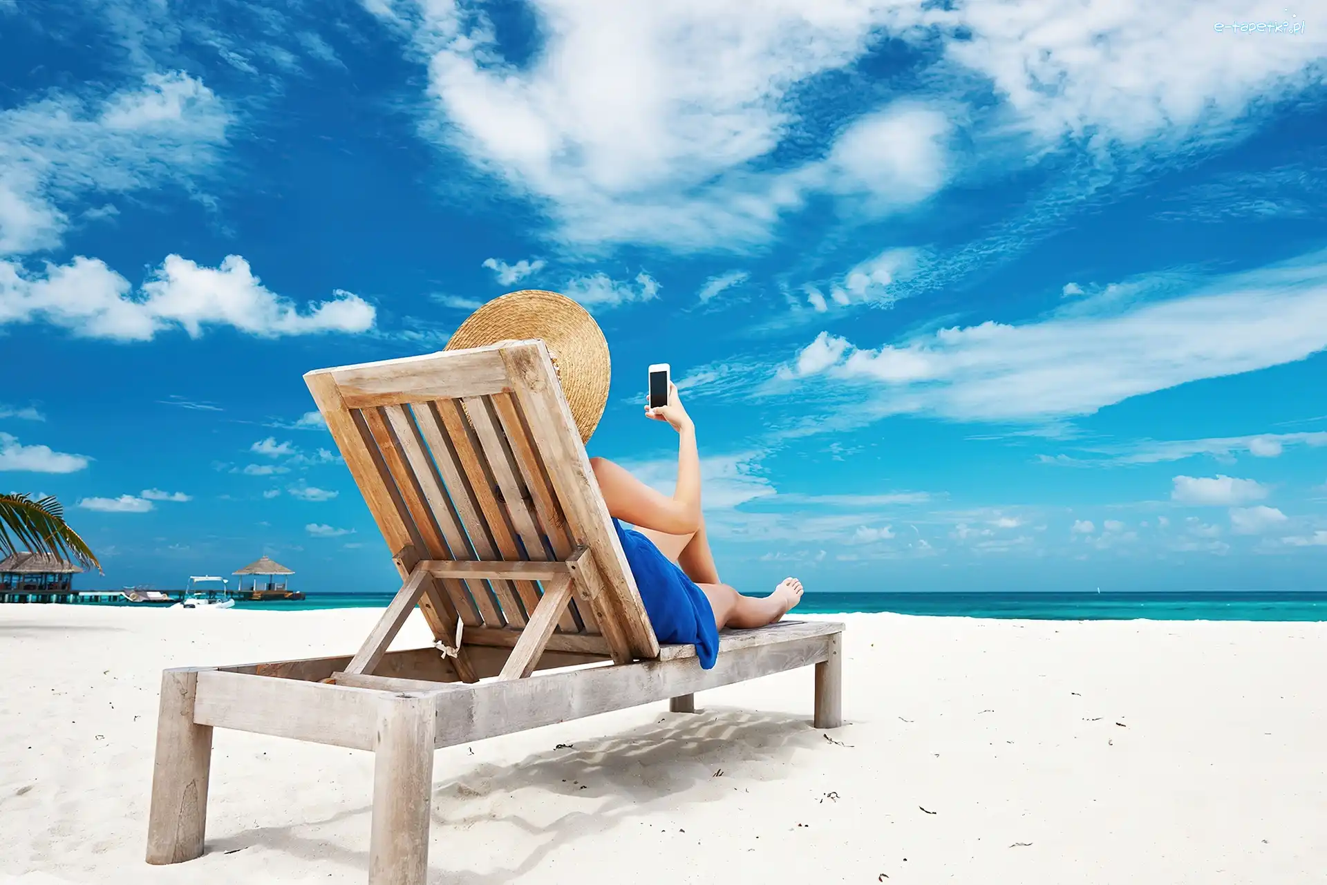 Kobieta, Leżak, Plaża, Wakacje, Telefon