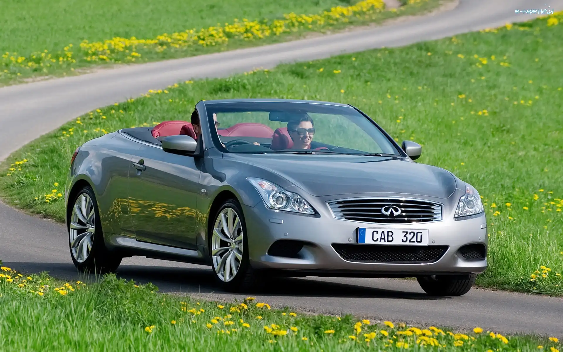 Samochód, Droga, Infiniti, Kwiaty, Łąka