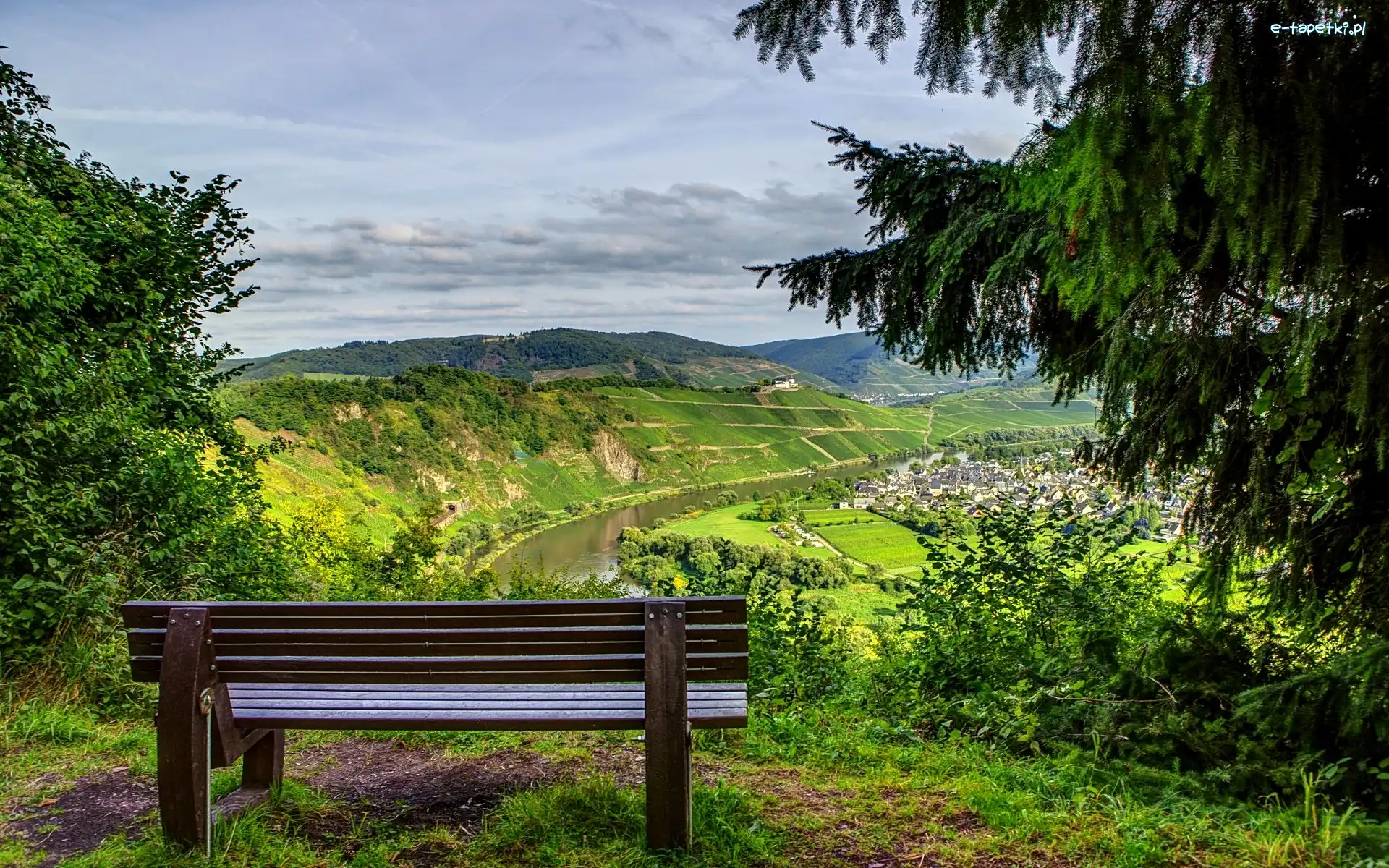 Rzeka, Krajobraz, Ławka, Góry