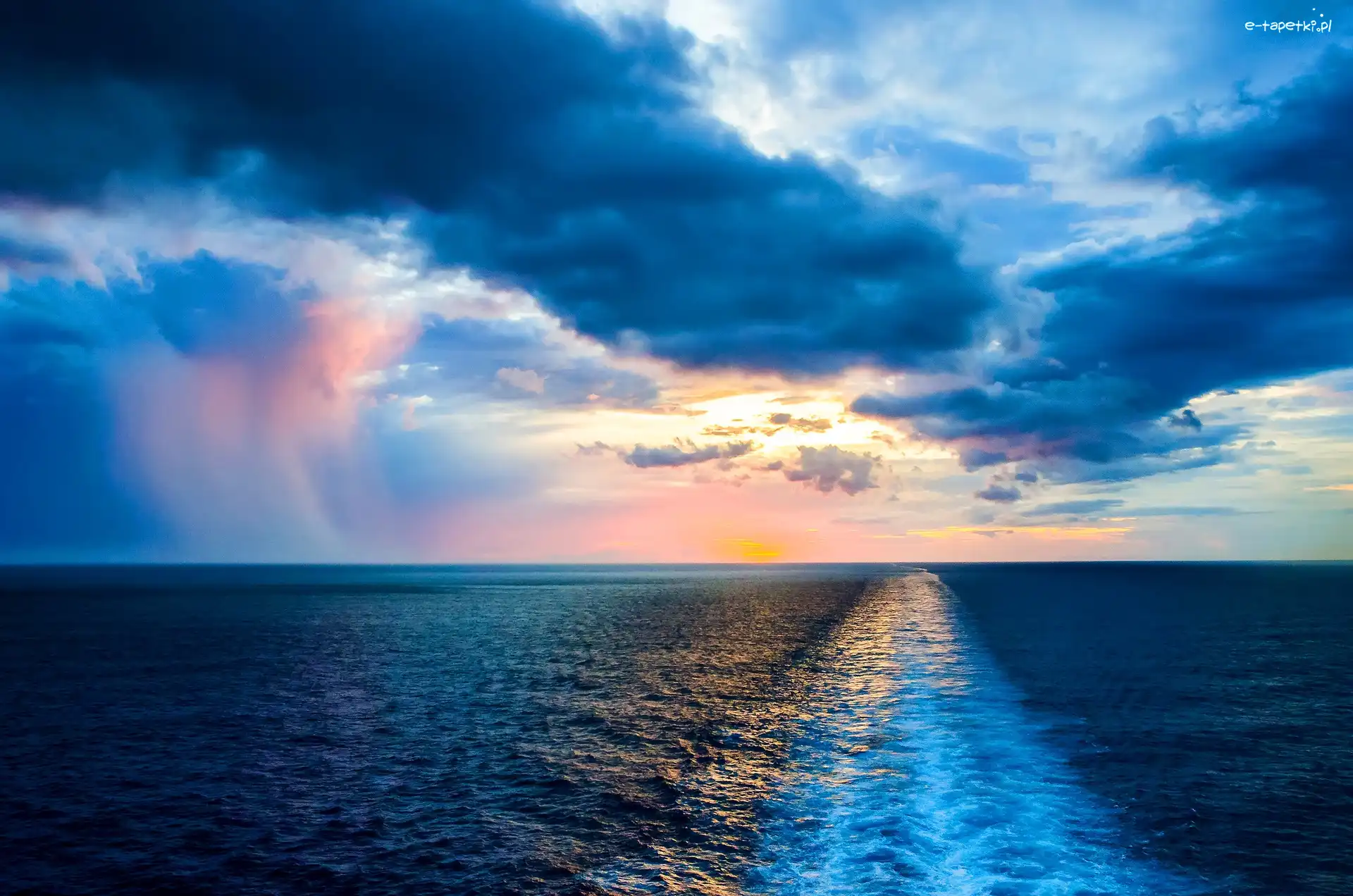 Ocean, Zachód, Morze, Chmury, Słońca