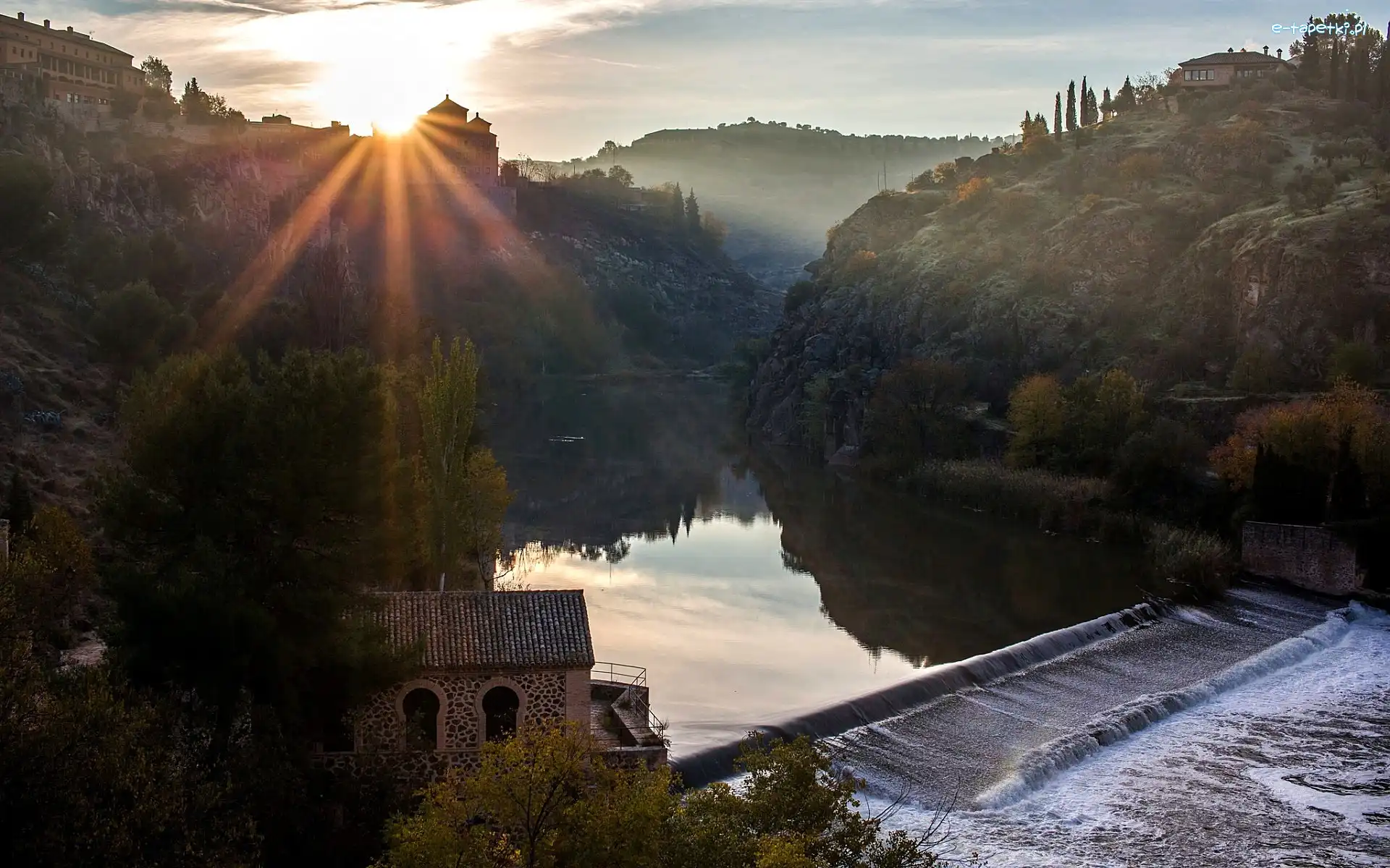 Hiszpania, Rzeka Tag, Toledo, Wschód Słońca, Góry
