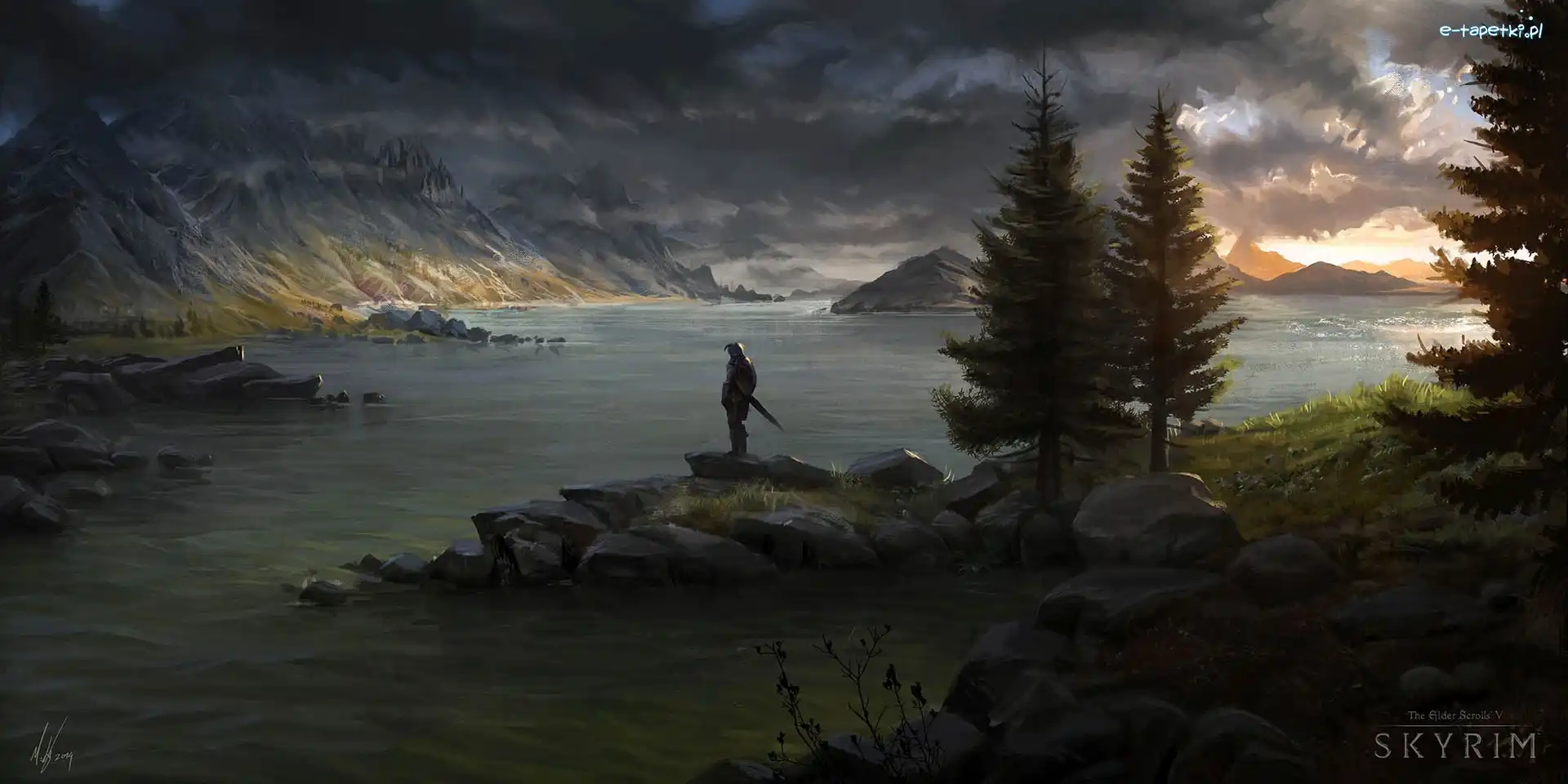 Skyrim, Morze, Góry, Rycerz, Drzewa