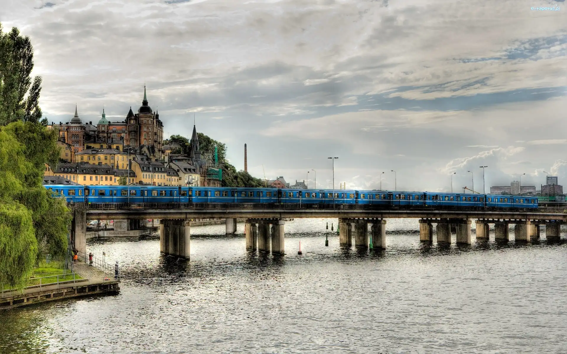 Miasto, Rzeka, Most, Pociąg, Drzewa