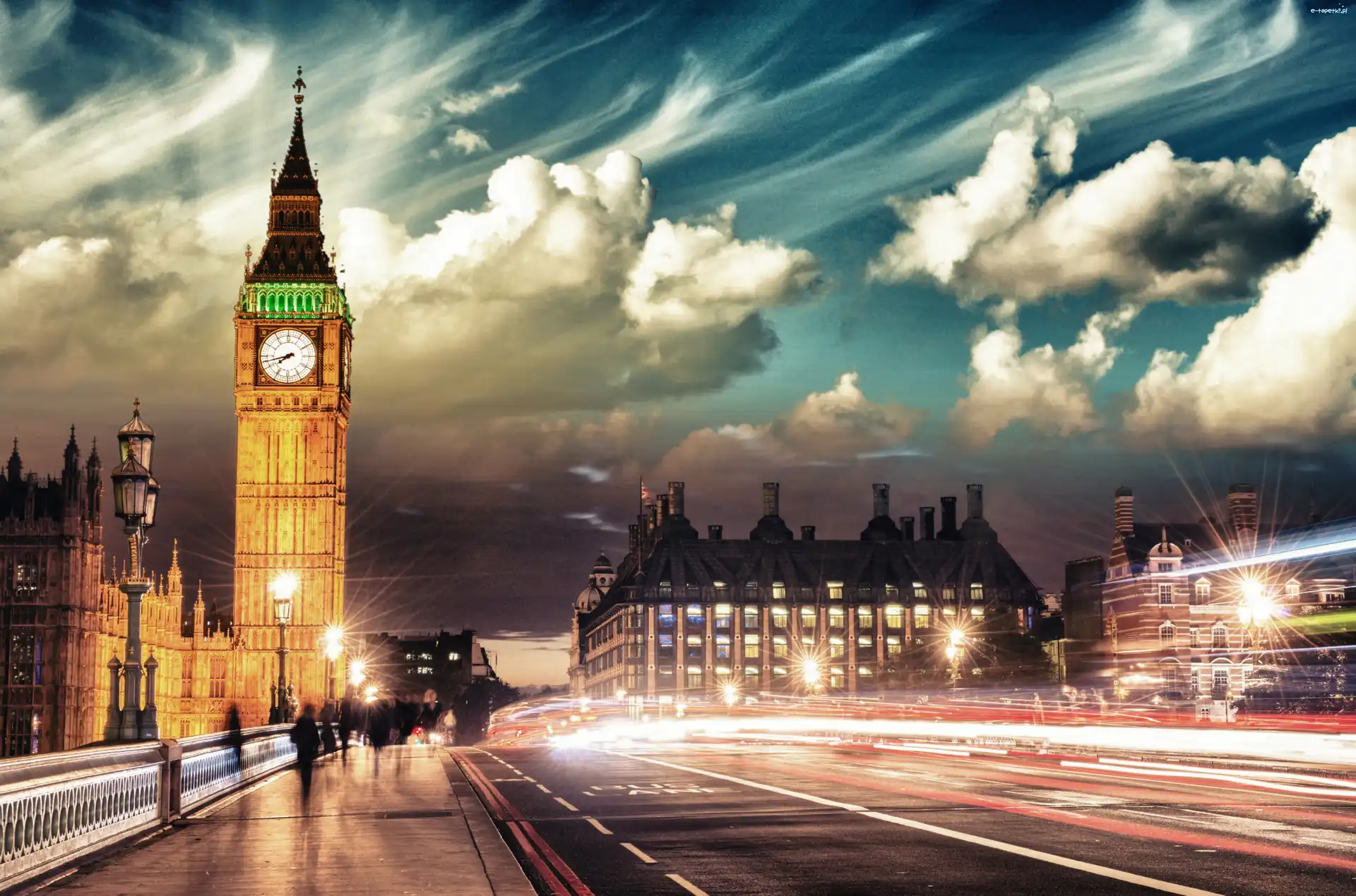 Londyn, Most, Big Ben, Ulica, Noc