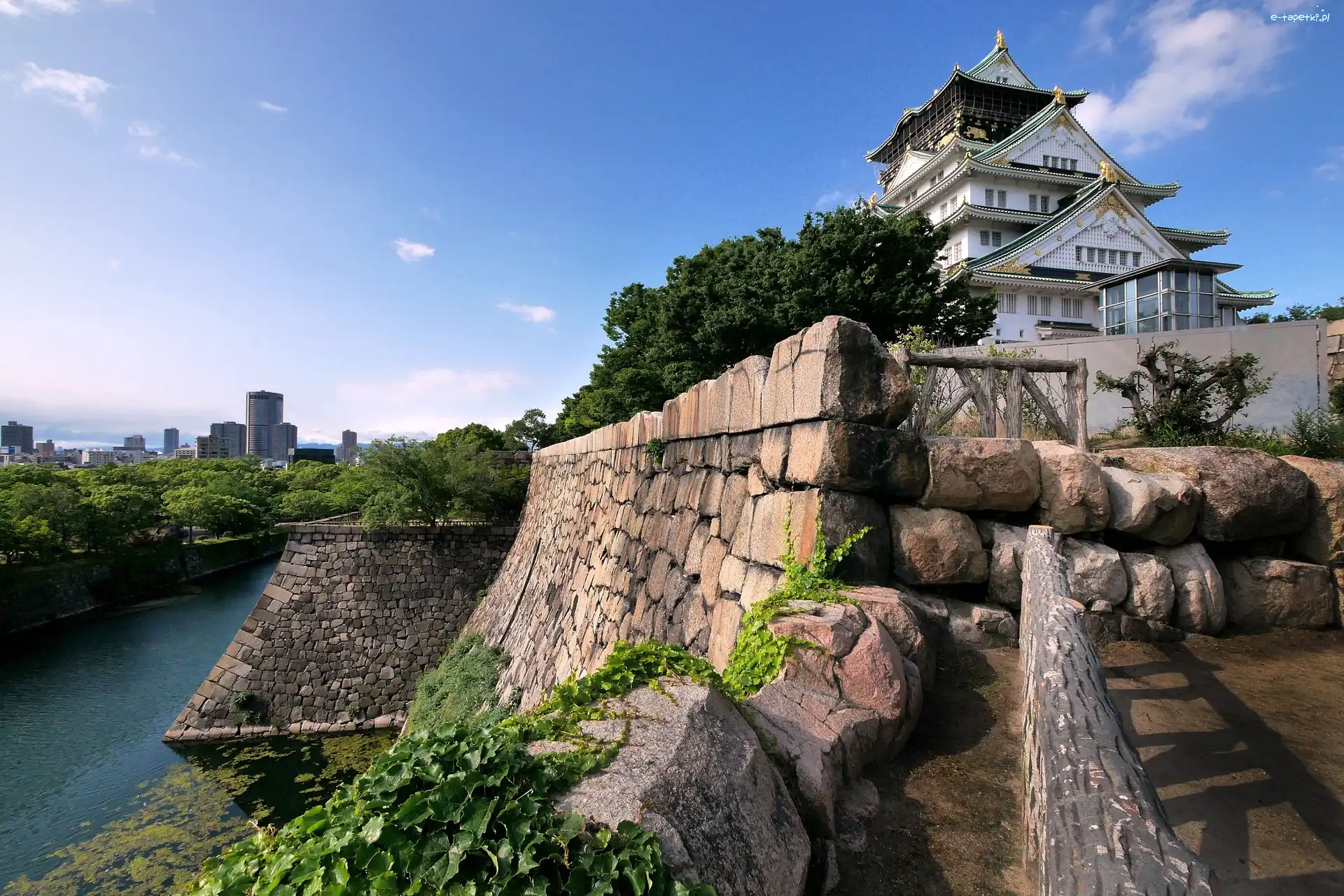 Japonia, Pałac, Osaka, Rzeka, Drzewa