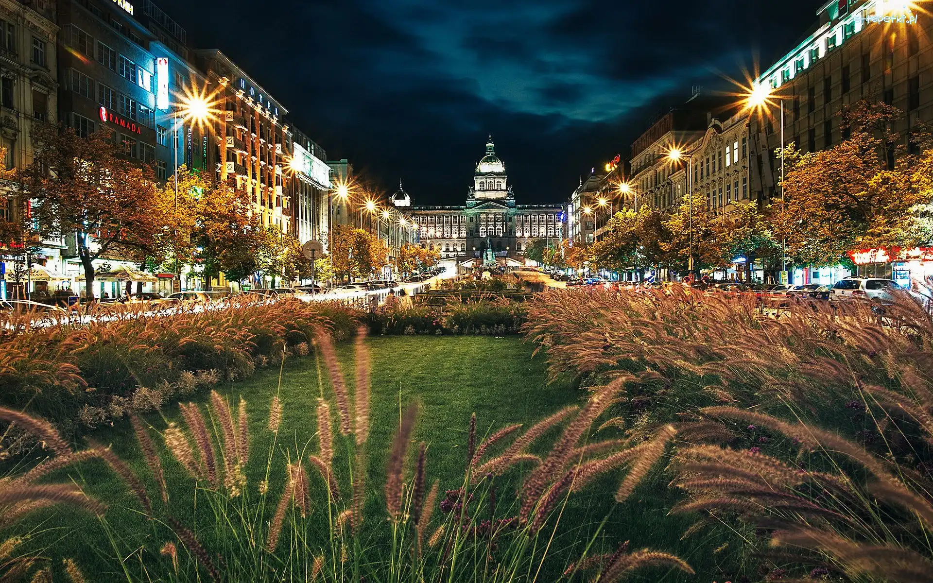Ulica, Plac Wacława, Muzeum Narodowe, Miasto nocą, Praga, Czechy