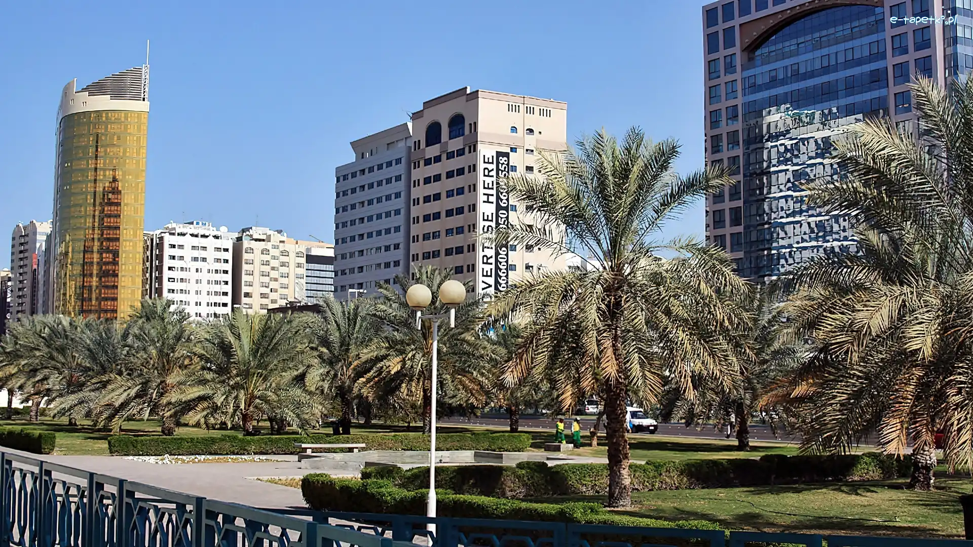 Abu Dhabi, Skwer, Palmy, Chmur, Drapacze, Miasta, Fragment