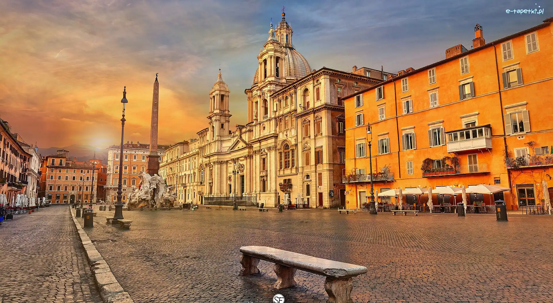 Domy, Plac Navona, Ławka, Lampy, Świątynia, Obelisk, Agonalis, Włochy