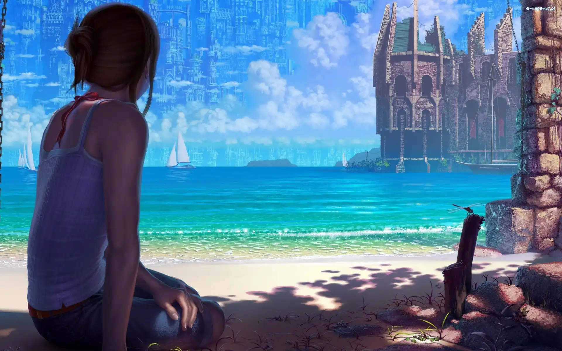 Fantasy, Plaża, Morze, Ważka, Dziewczyna, Żaglówka, Zamek
