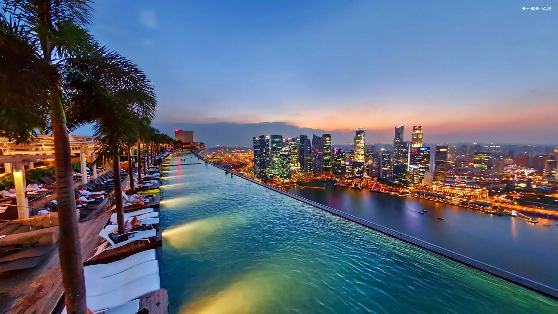 Hotel, Stands, Marina, Na Dachu, Basen, Nocą, Singapuru, Bay, Panorama