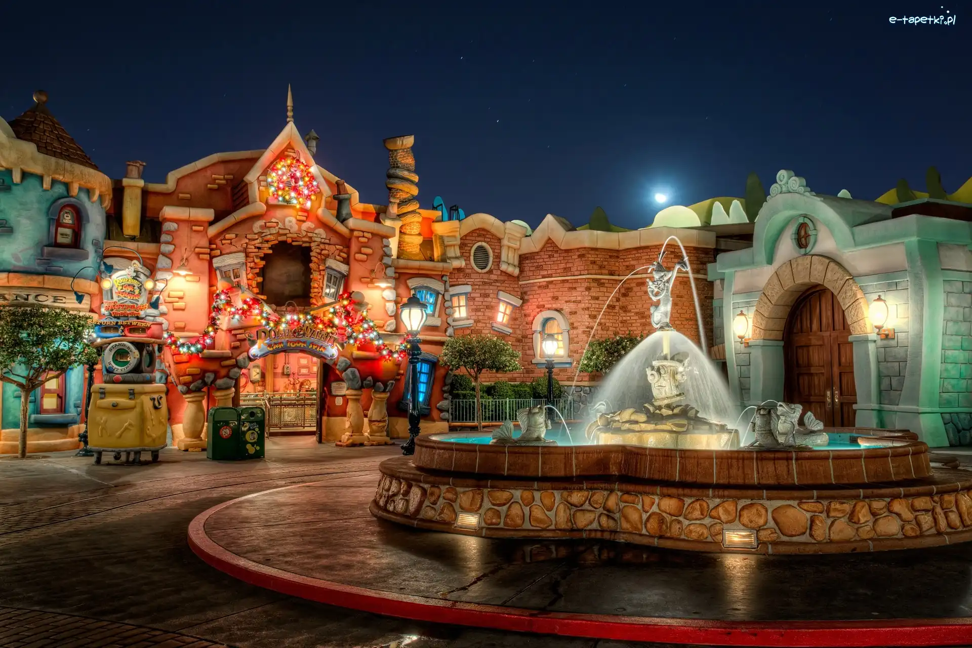 USA, Fontanna, Budynki, Noc, Miasto, Kalifornia, Disneyland