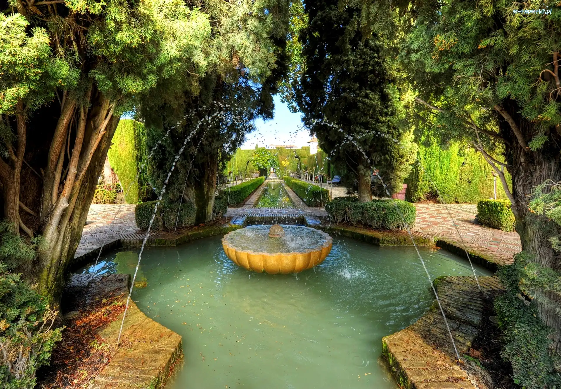Aleja, Park, Fontanna, Drzewa, Granada, Hiszpania
