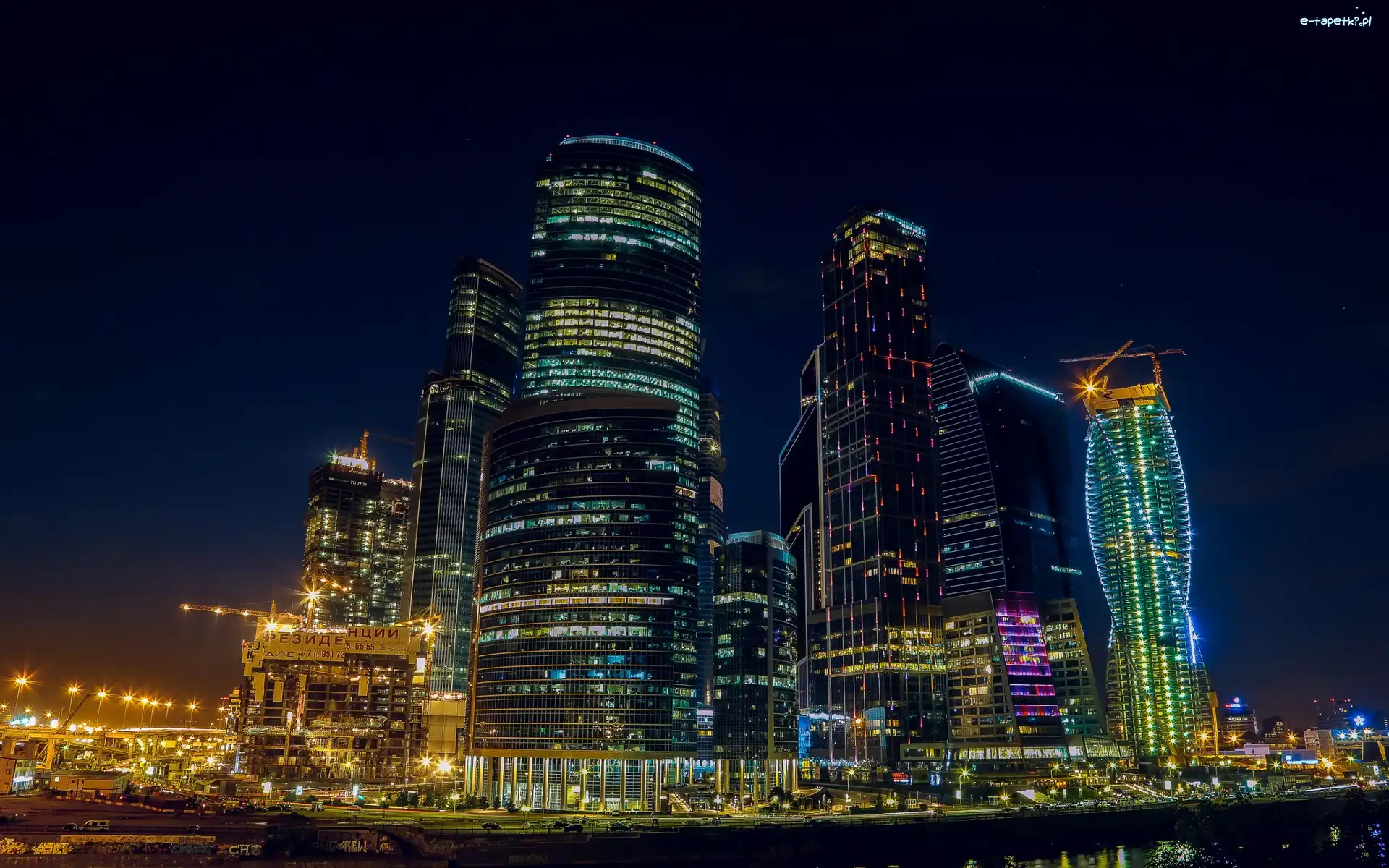 Rosja, Miasto, Moskwa, Drapacze Chmur, Noc