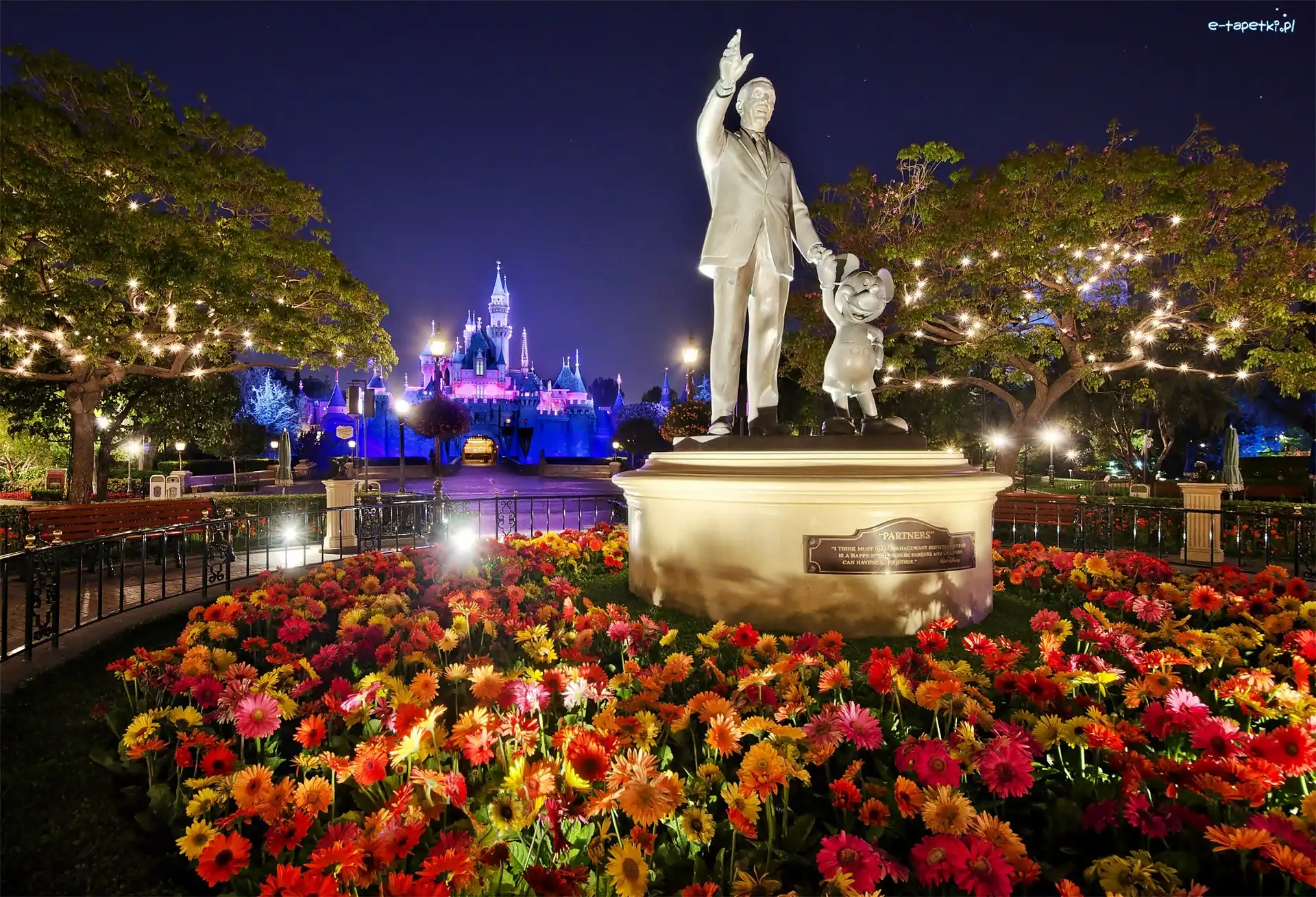Miasto nocą, Gerbery, Kalifornia, Posągi, Disneyland, Ameryka północna