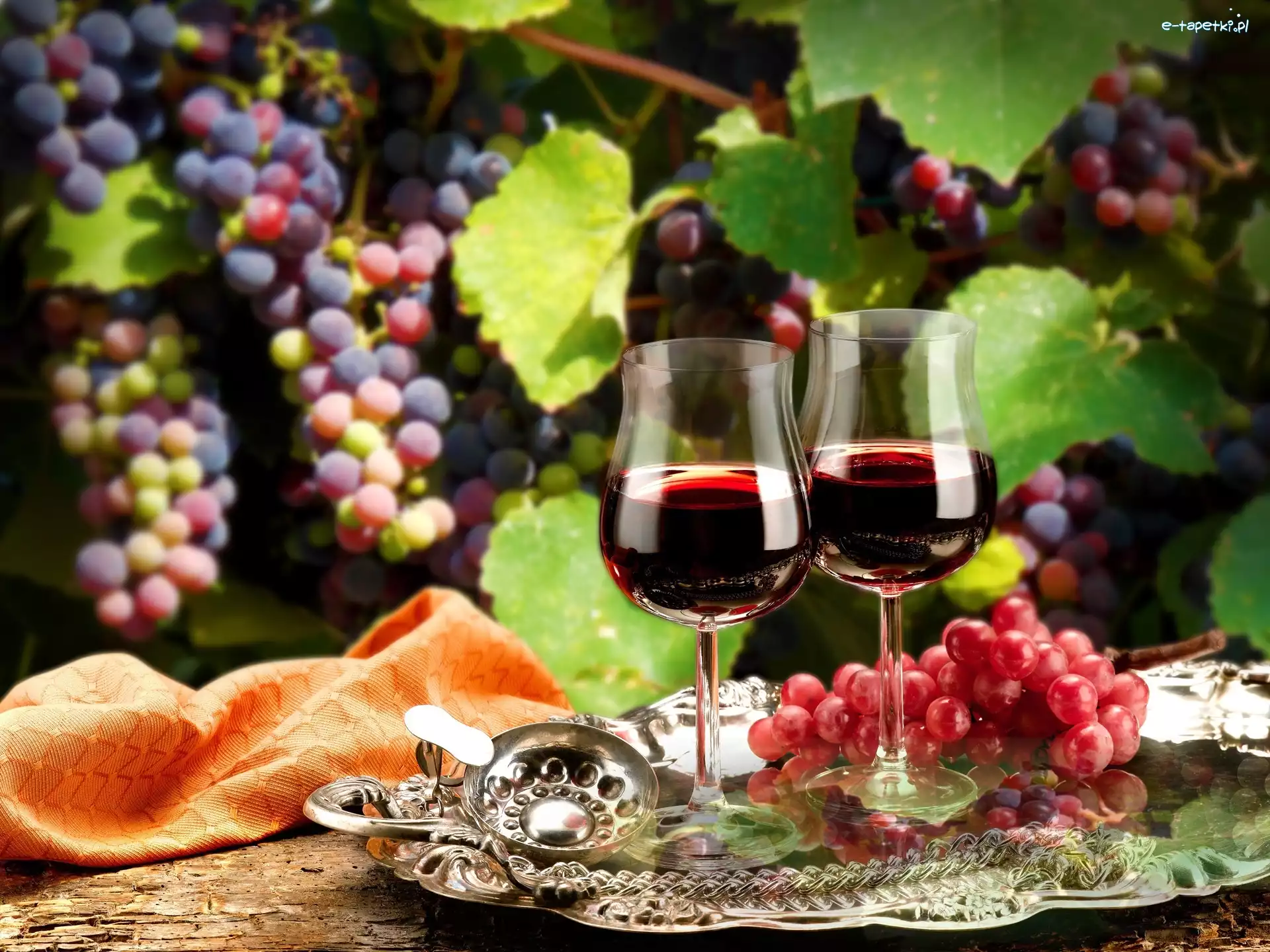 Winogrona, Kieliszki, Taca, Kompozycja, Wino