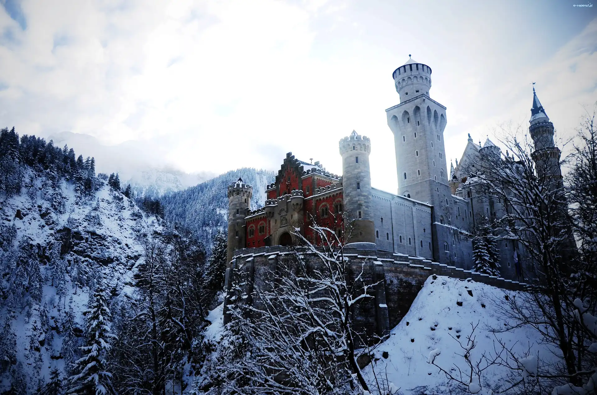 Zamek, Bawaria, Neuschwanstein, Zima, Niemcy