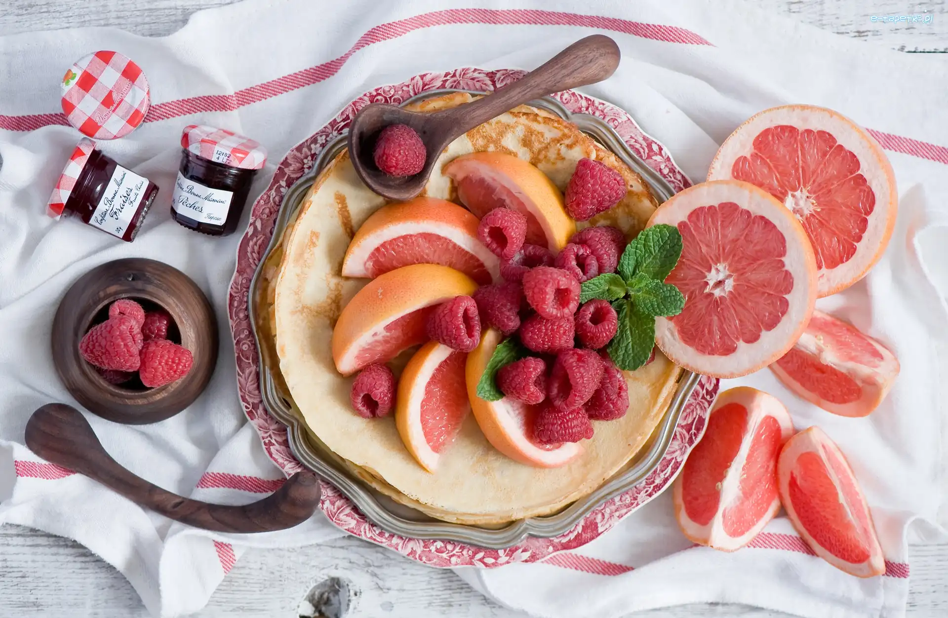 Placki, Maliny, Grejpfrut, Naleśniki, Owoce, Jedzenie