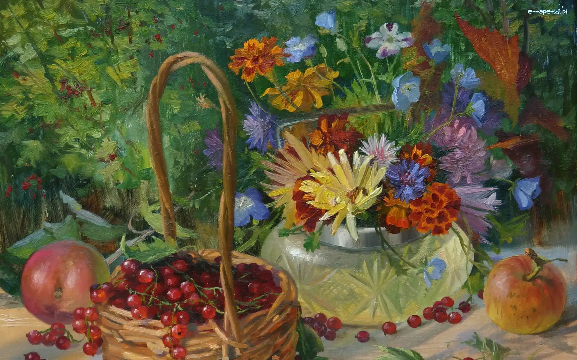Porzeczki, Kompozycja, Bukiet, Obraz, Malarstwo, Jabłka, Kwiatów
