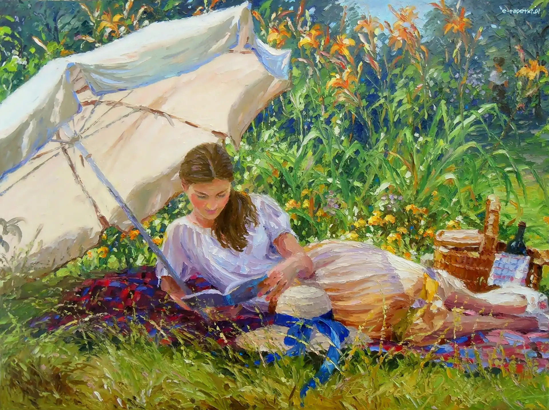 Malarstwo, Kobieta, Łąka, Piknik, Parasol