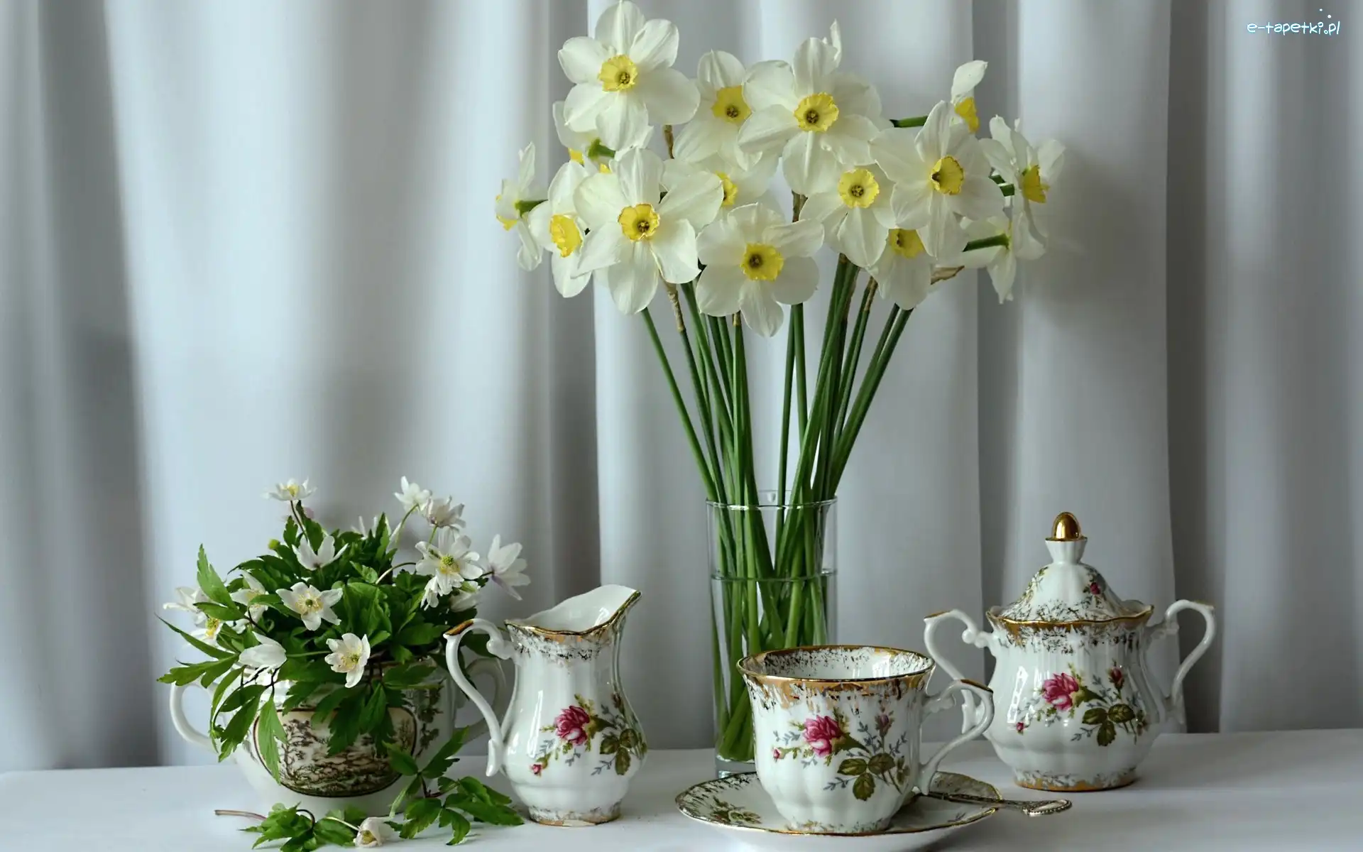 Porcelana, Bukiet, Żonkile, Kompozycja, Kwiaty, Białe