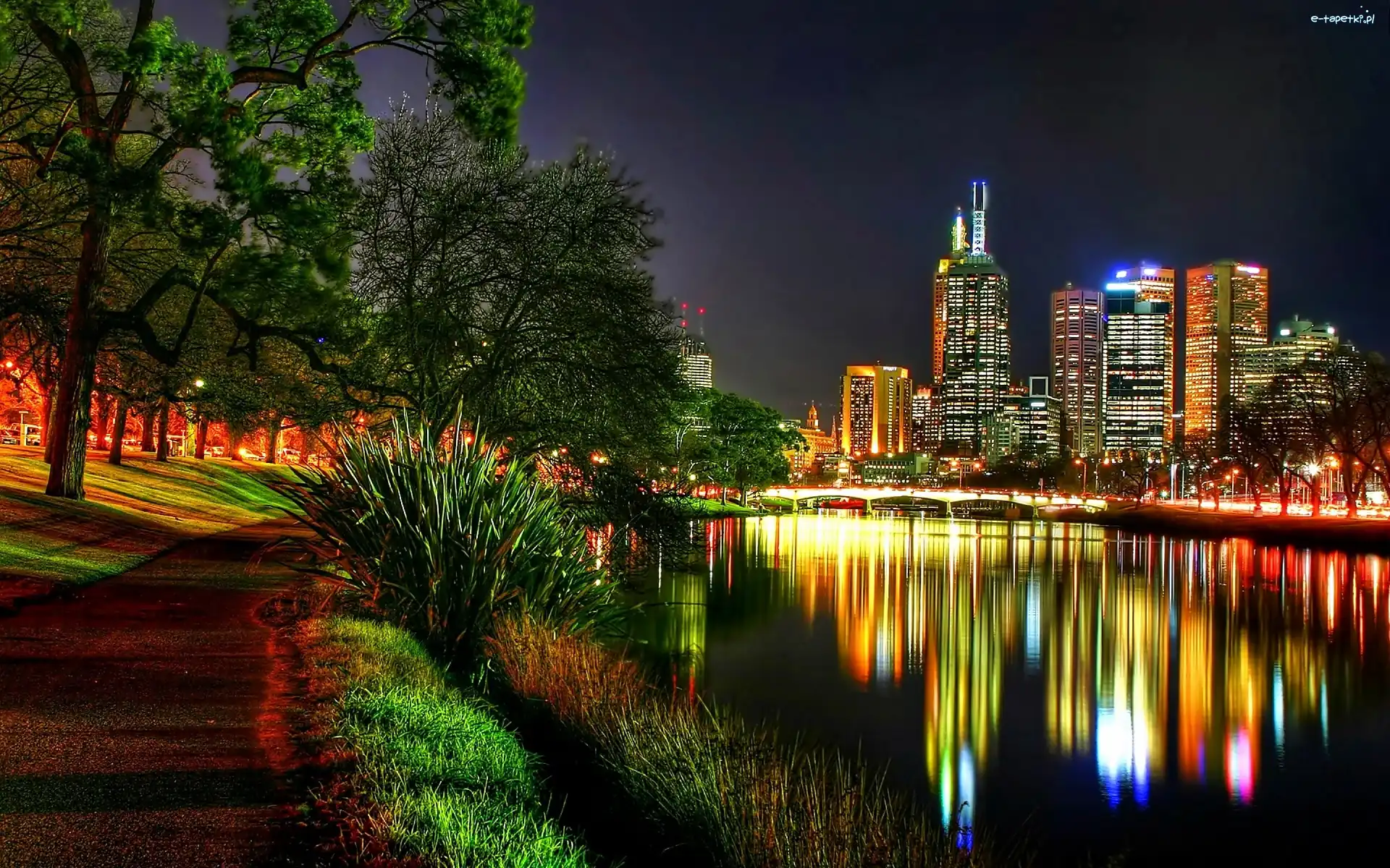 Nocą, Yarra, Melbourne, Rzeka, Drapacze Chmur, Miasta, Fragment