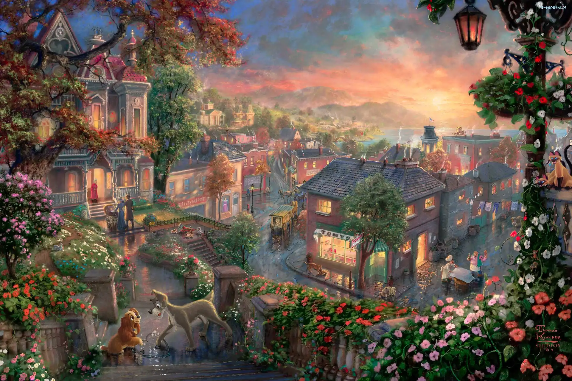 Tramp, pies, malarstwo, Disney, Thomas Kinkade, Lady, Zakochany Kundel